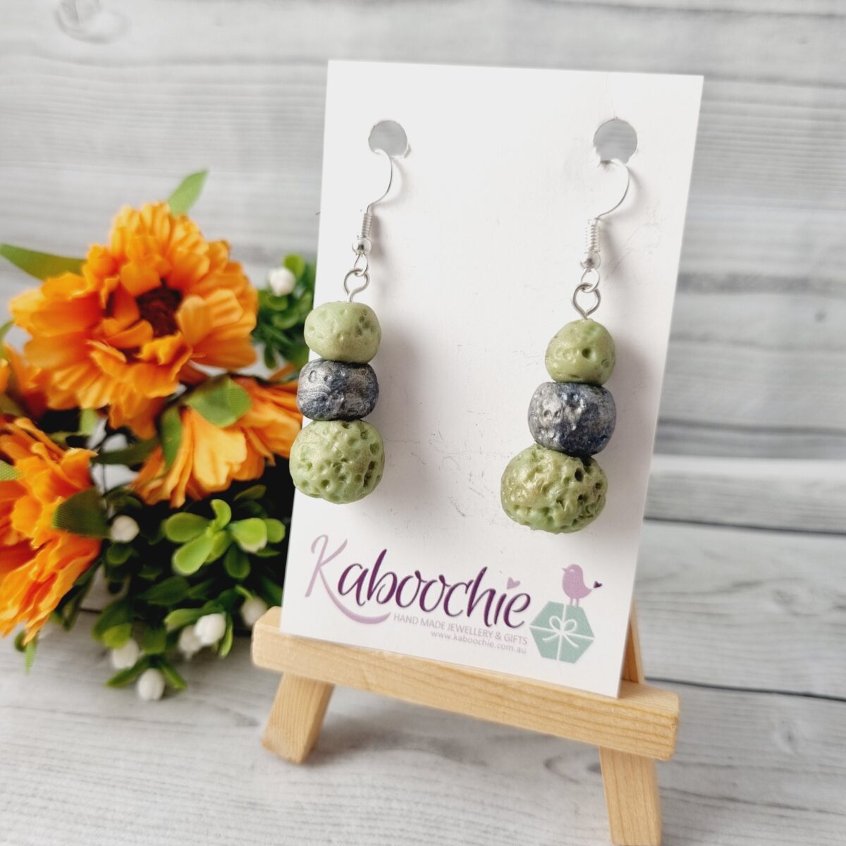 Triple Beaded Lava Rock Earrings Green