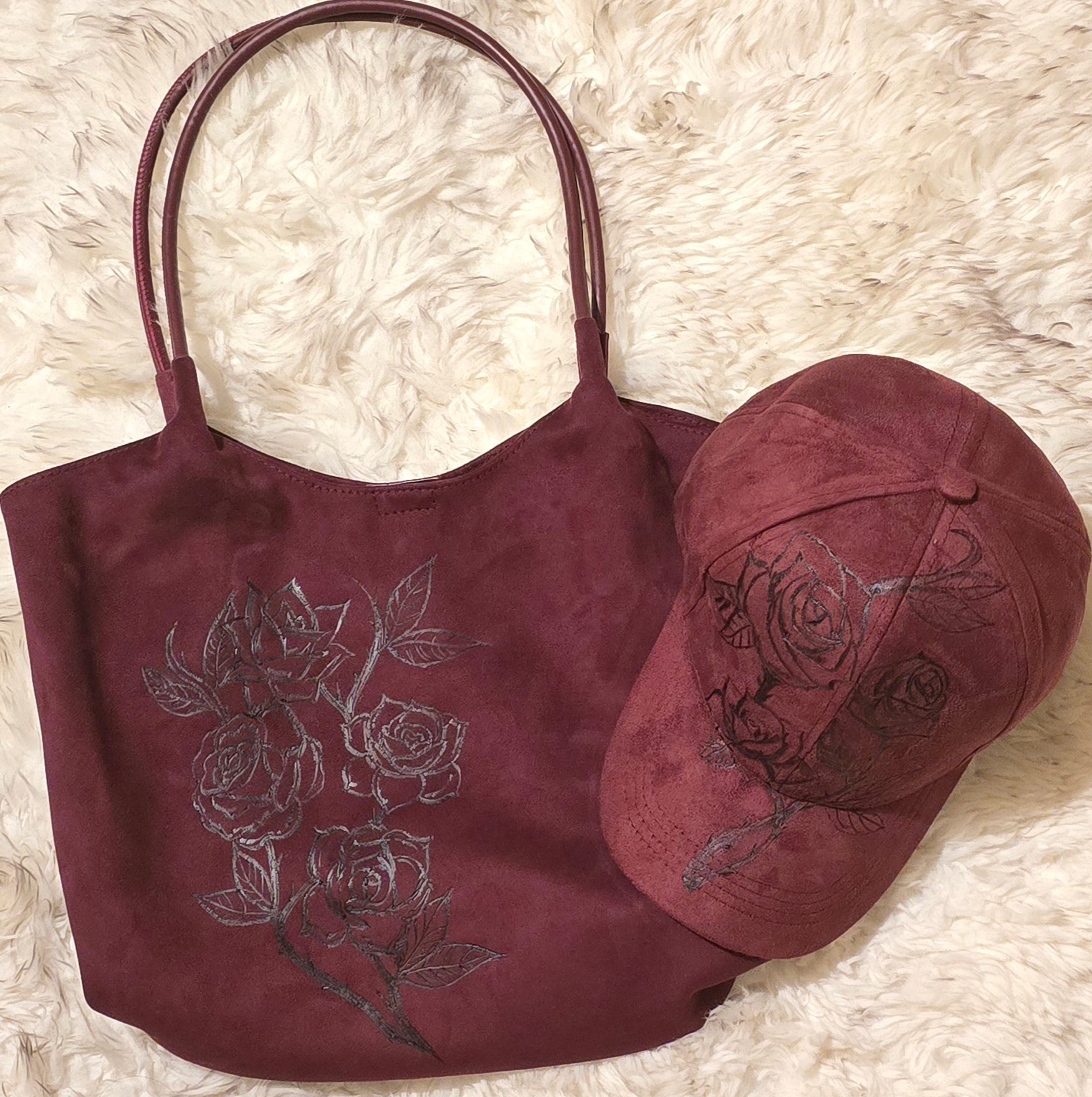 Wine red rose hand burnt shoulder bag and baseball cap