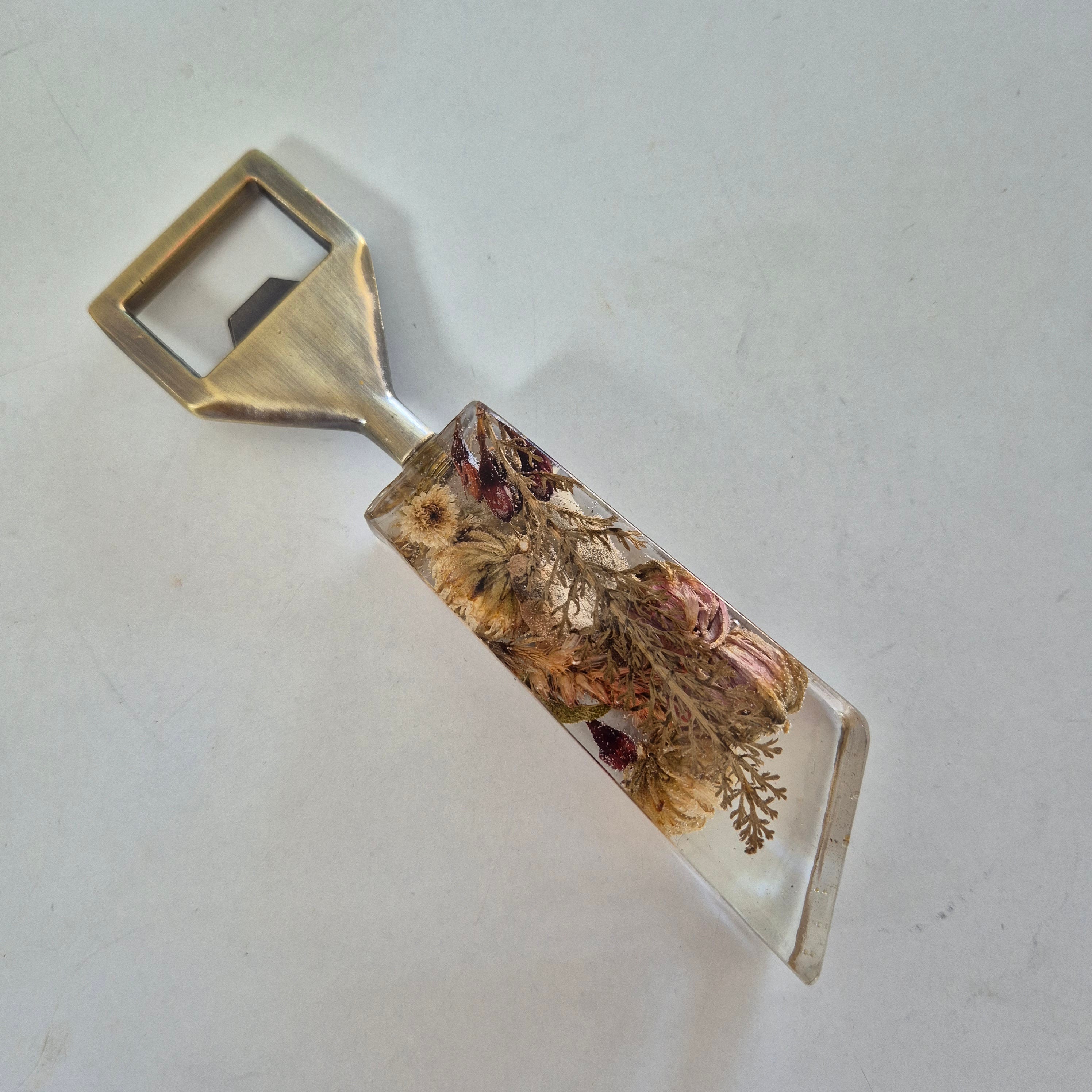 Handmade Resin Bottle openers featuring dried flowers