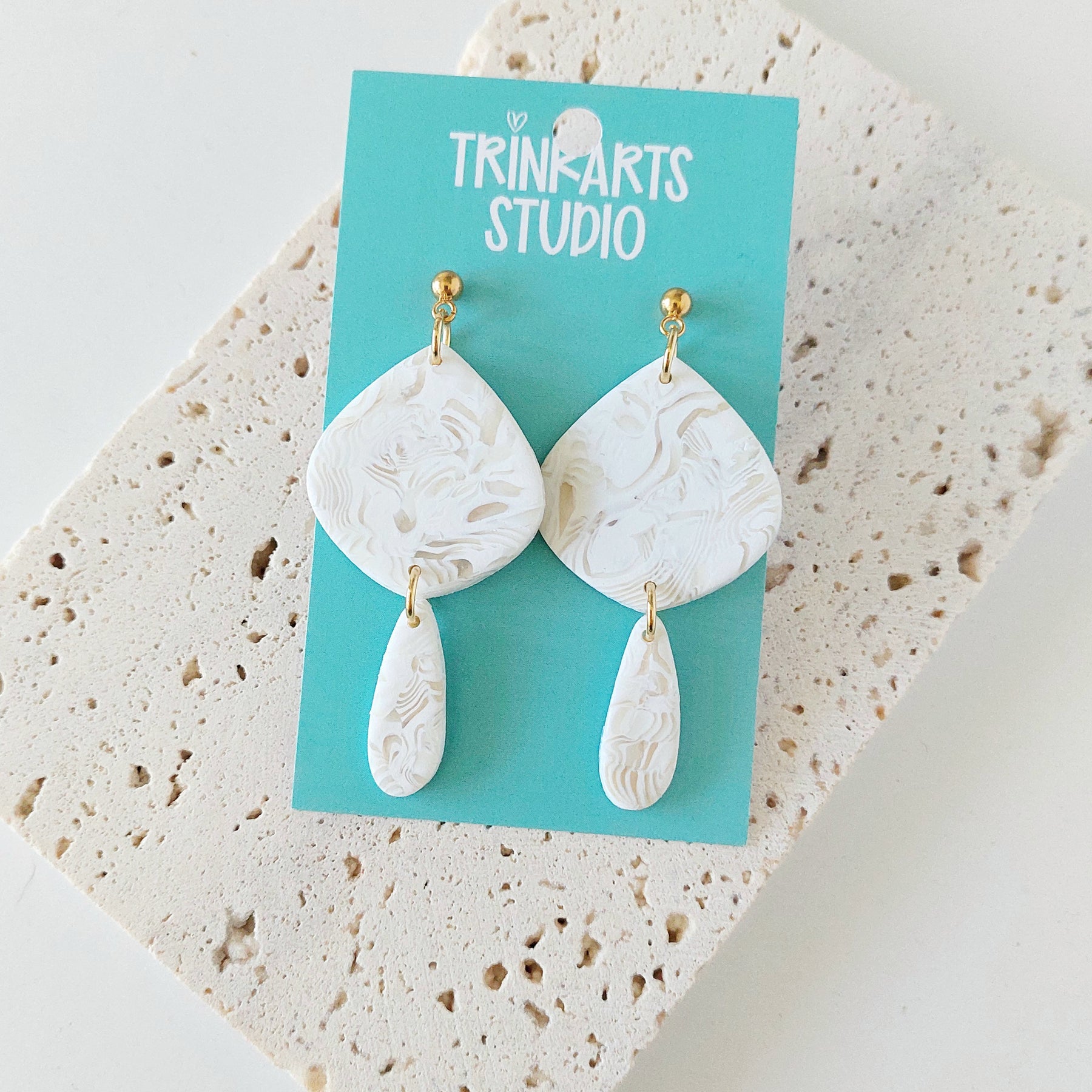 White Marble Bridal Polymer Clay Dangle Earrings