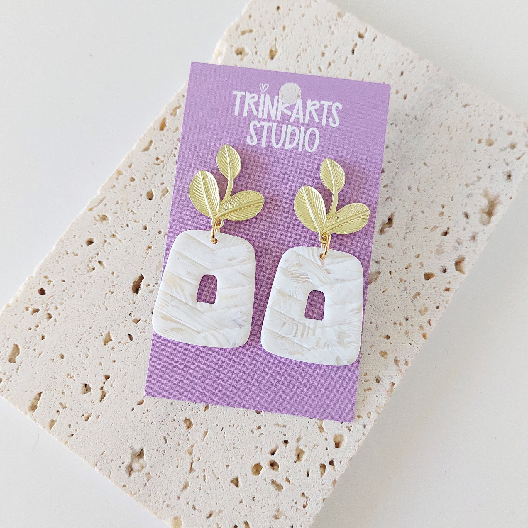 White Marble Bridal Polymer Clay Dangle Earrings
