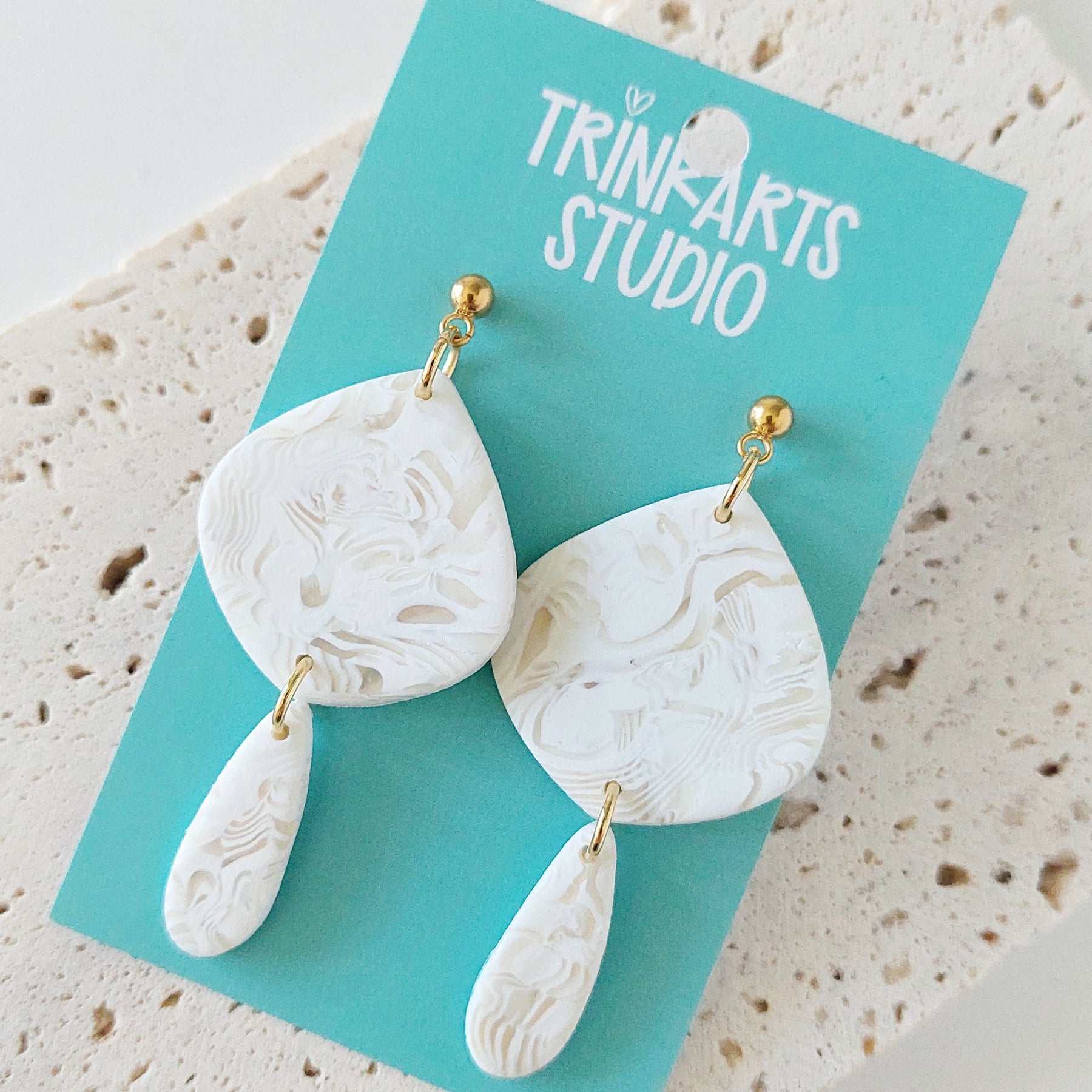 White Marble Bridal Polymer Clay Dangle Earrings