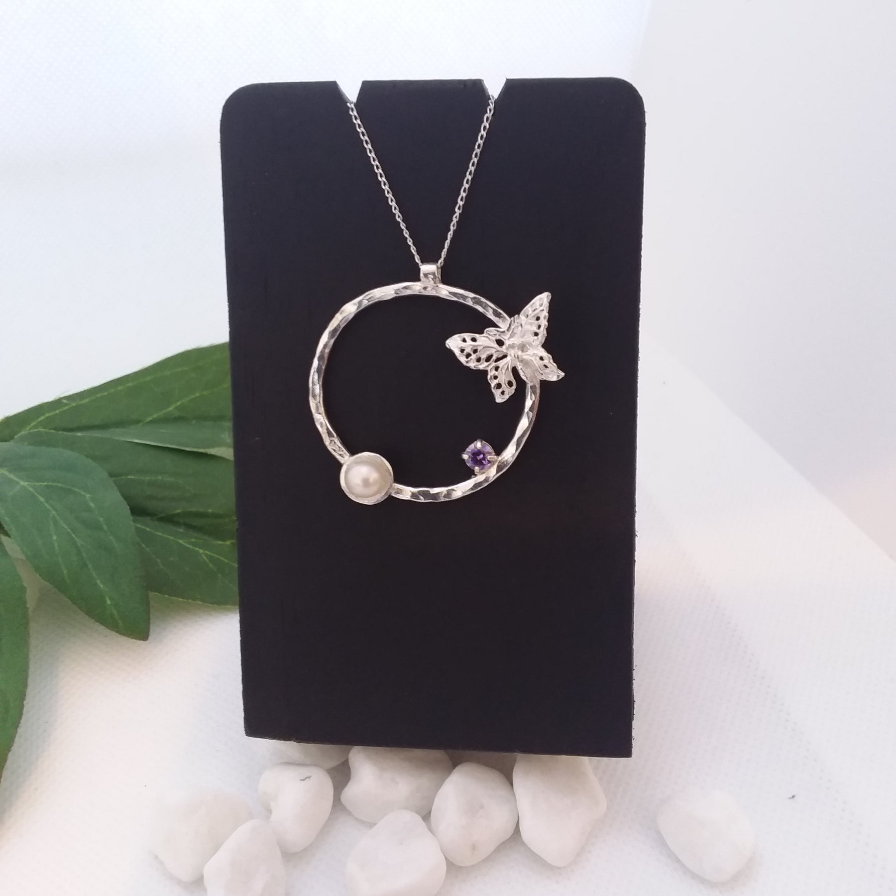 Sterling silver pendant pearl and amethyst cubic zirconia gem