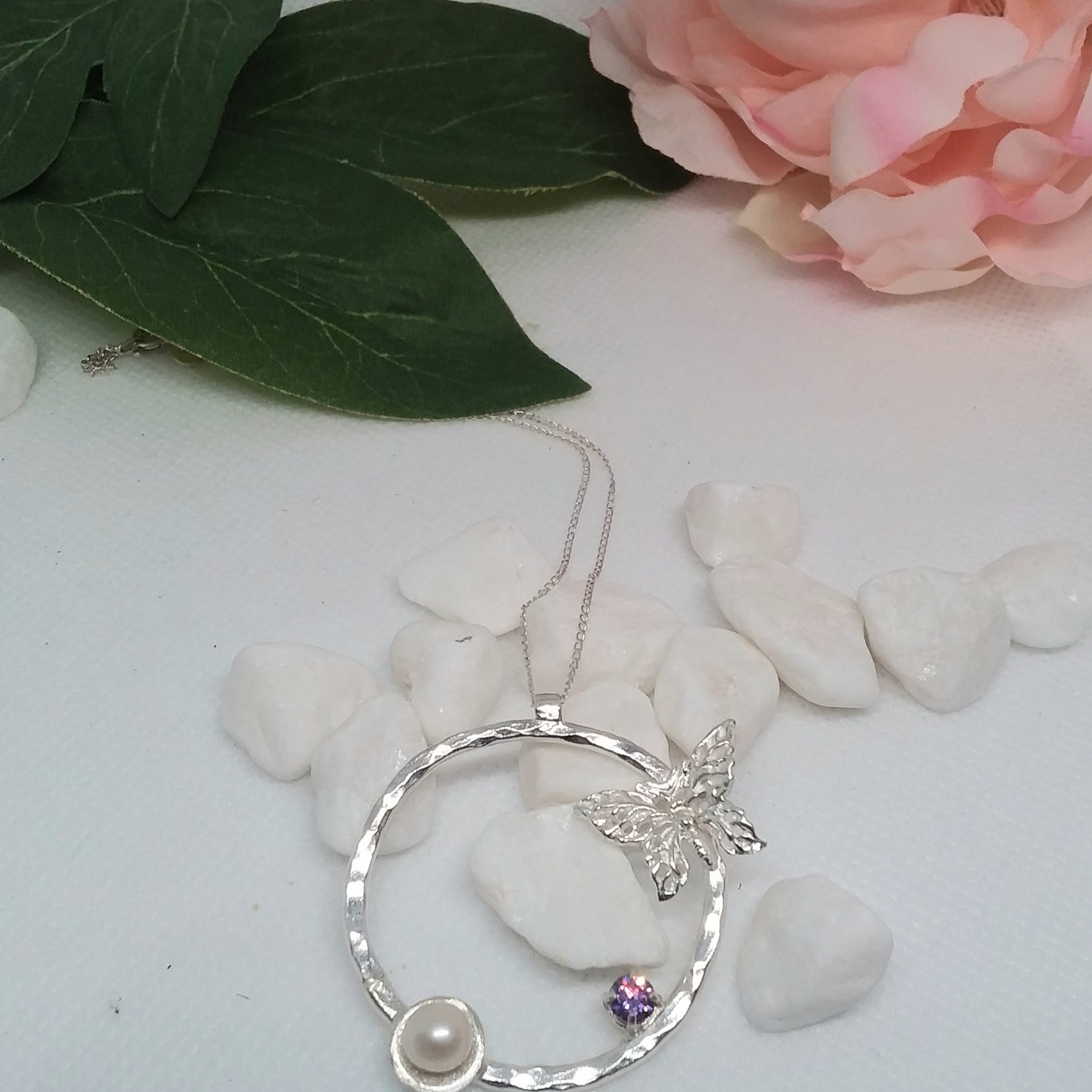 Sterling silver pendant pearl and amethyst cubic zirconia gem