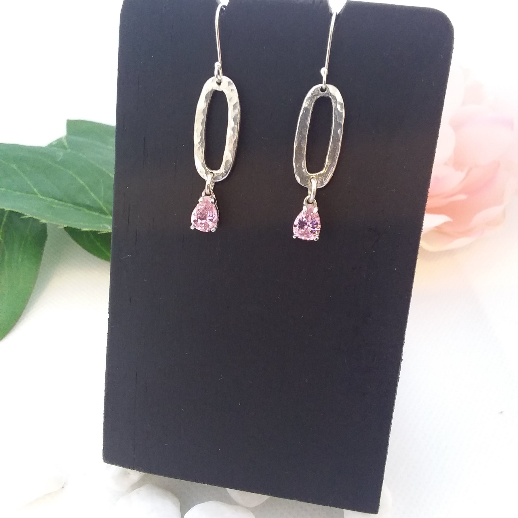 Sterling silver drop earrings with  pink cubic zirconia gem