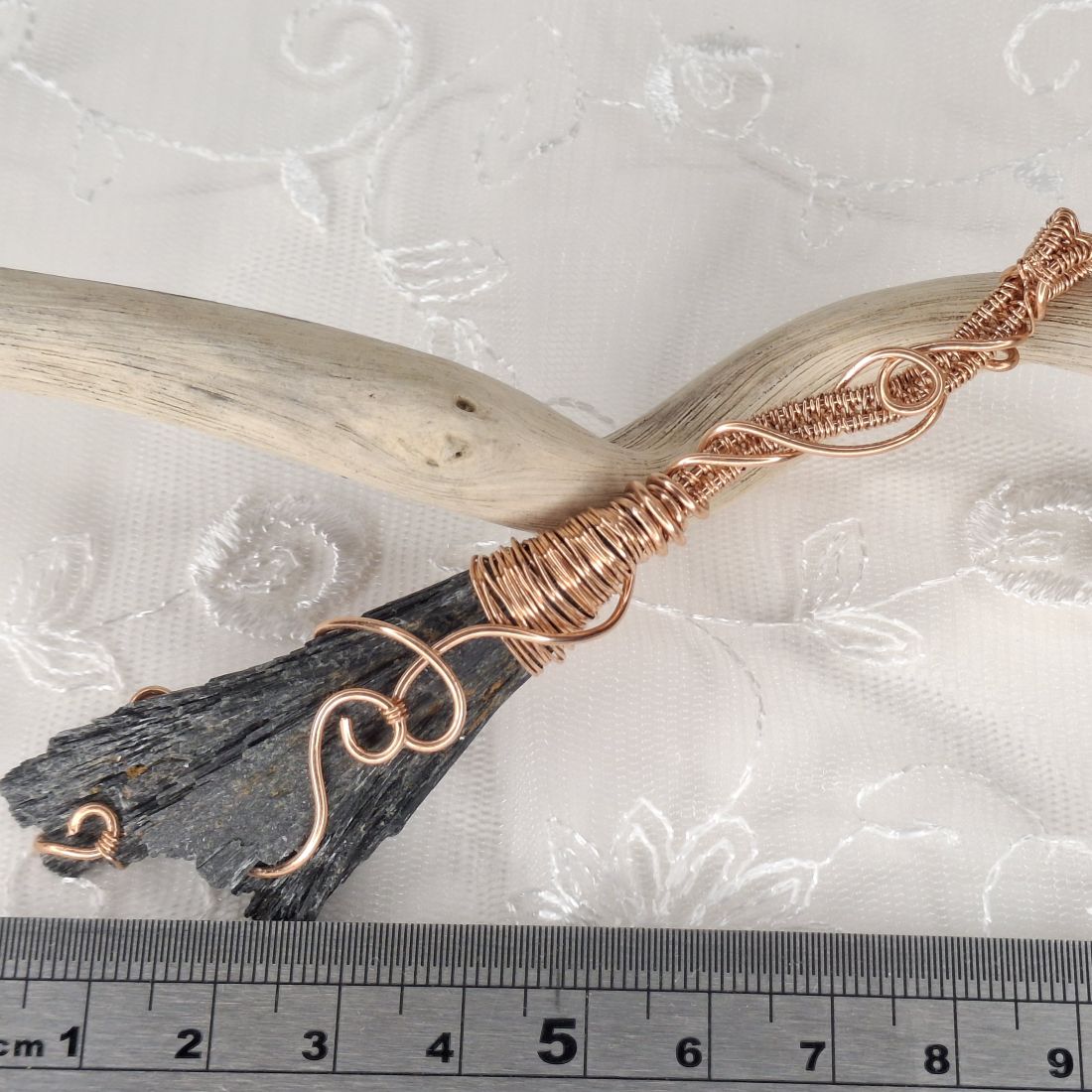 Midnight Drift - Wire wrapped Copper Broomstick – Kyanite Pendant Necklace 10 x 2.5cm