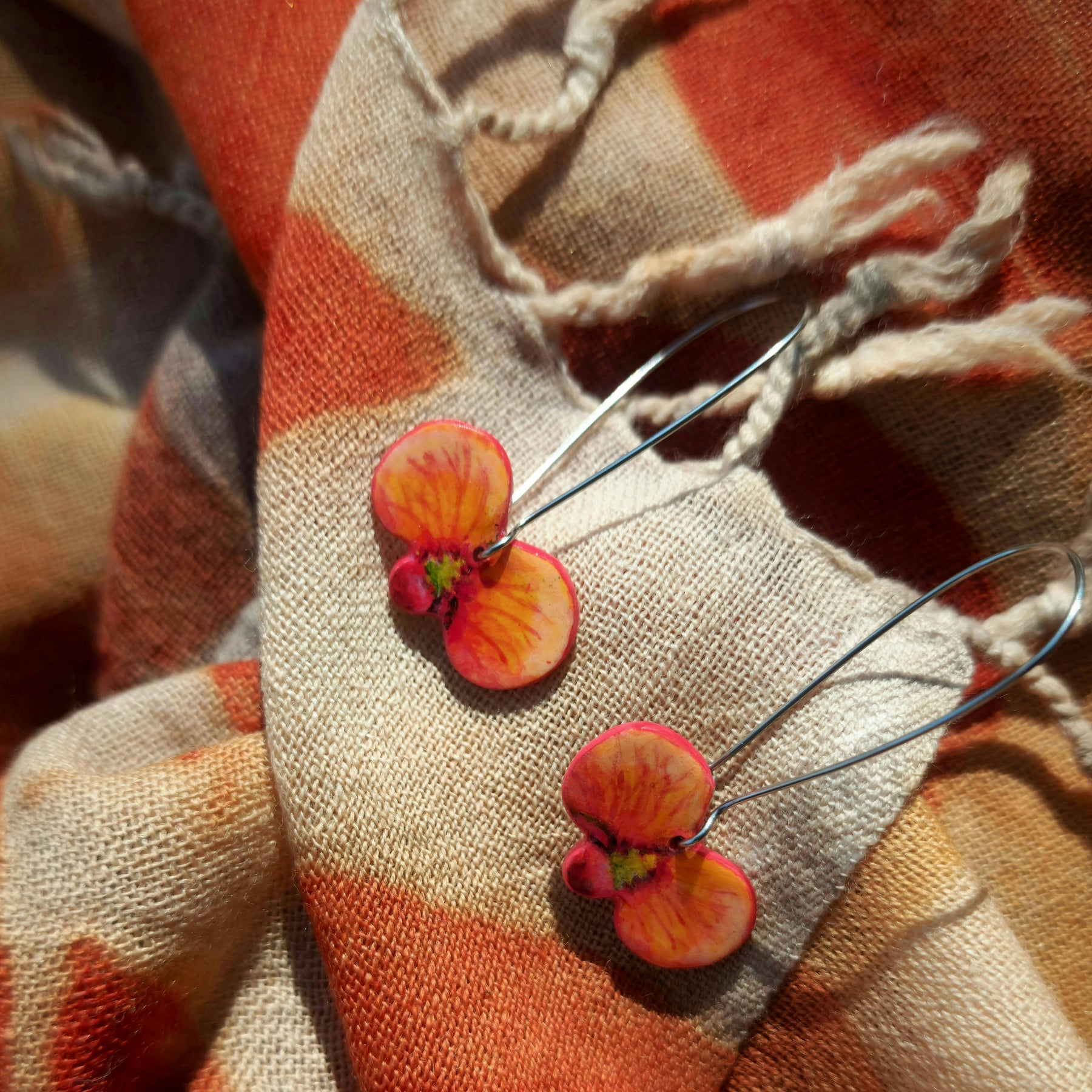Luxury native flora scarf and earring set - Handprinted Merino scarf - Handpainted pea flower earrings