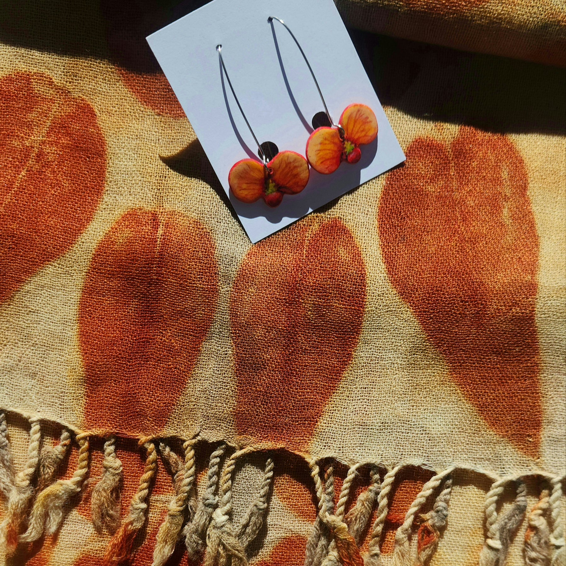 Luxury native flora scarf and earring set - Handprinted Merino scarf - Handpainted pea flower earrings