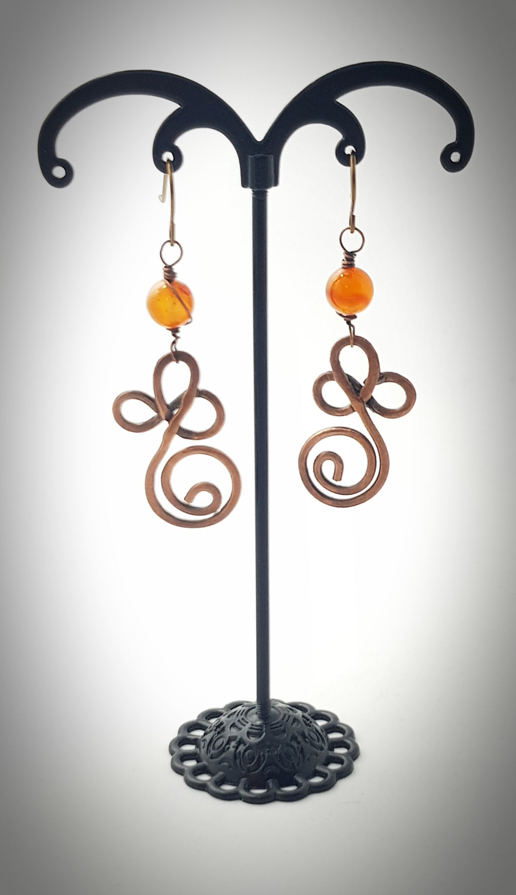 Copper swirl earrings with Carnelian bead #654 AM/E