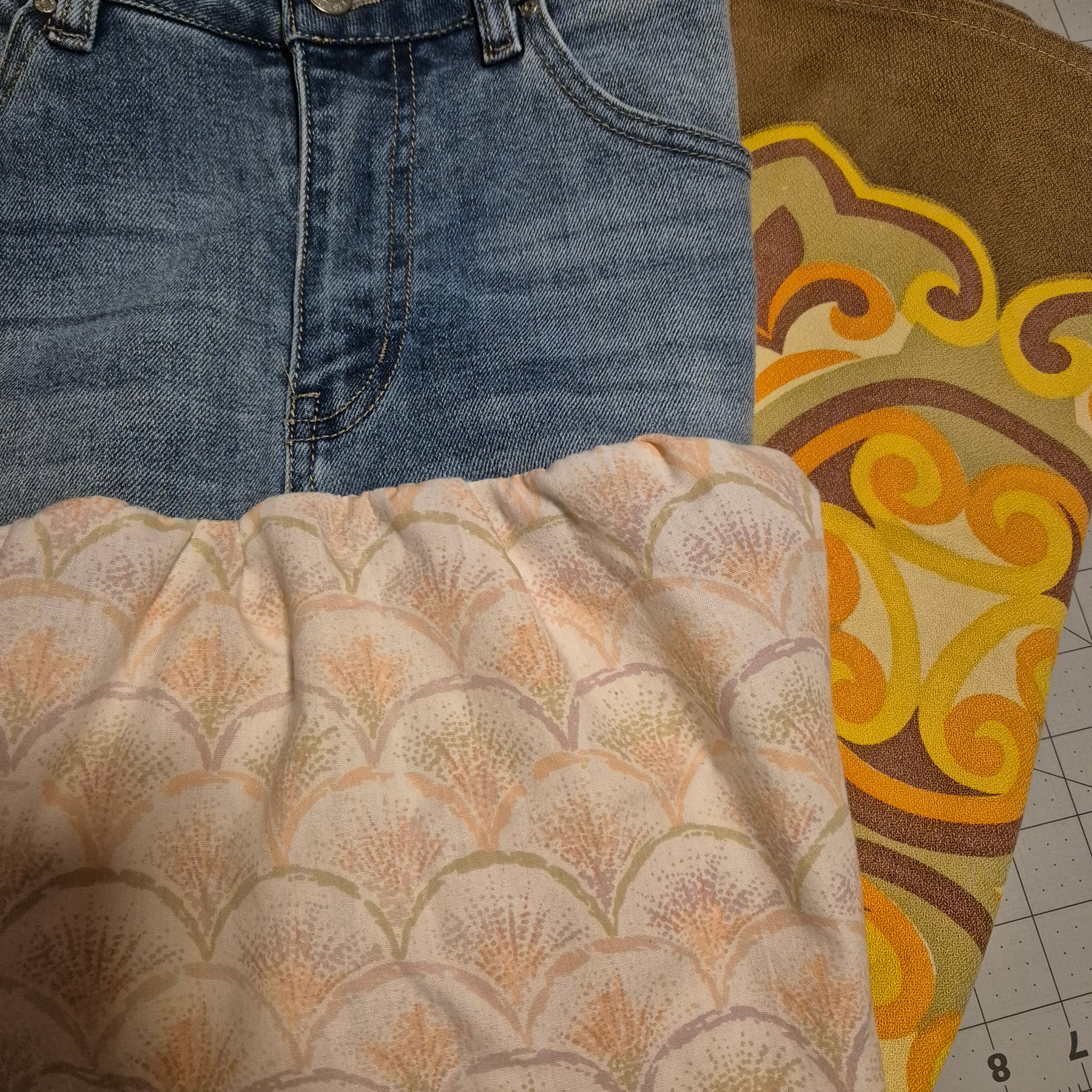 Upcycled, vintage and Unique Denim tiered skirt Size 14