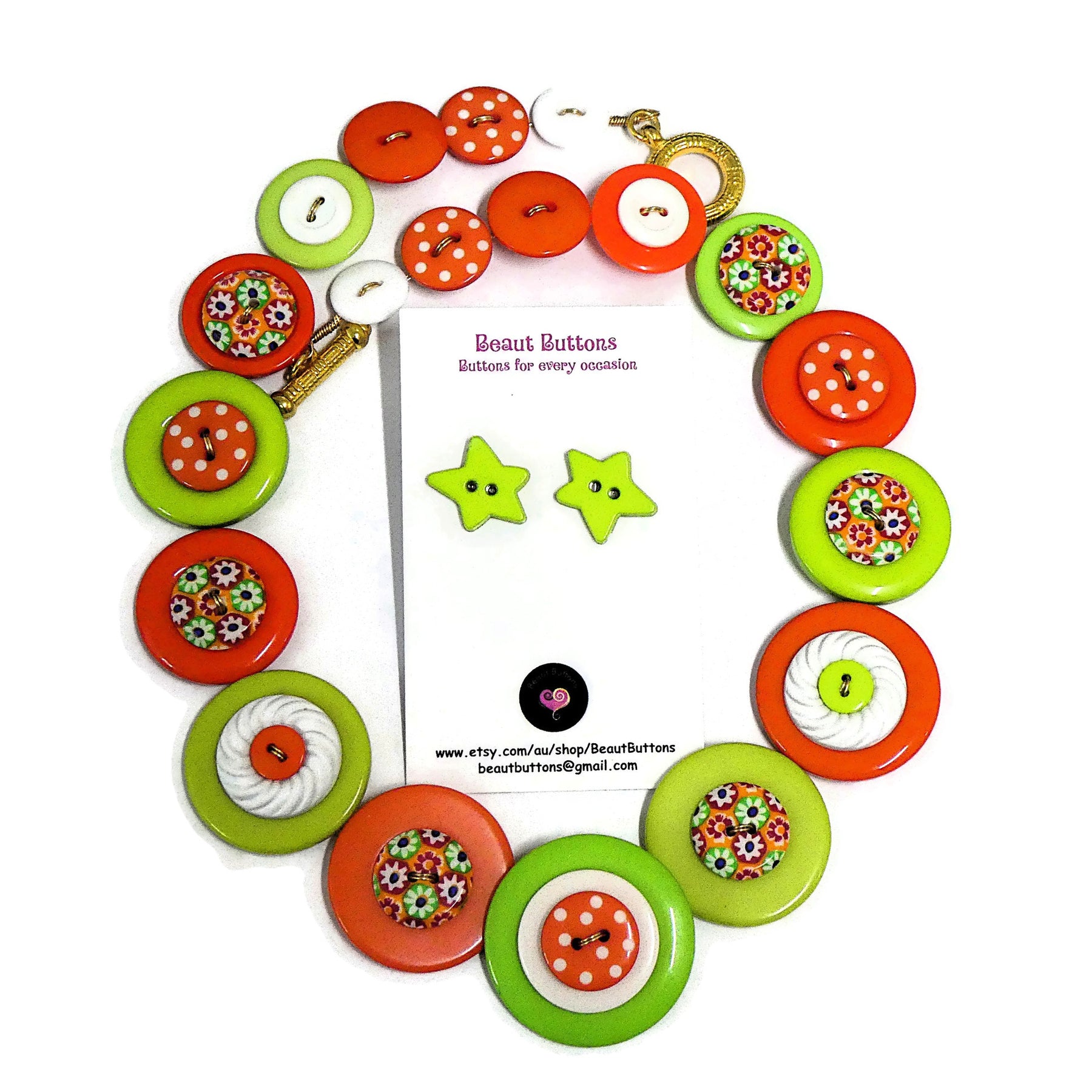 Button necklace and earrings - Orange Flowers