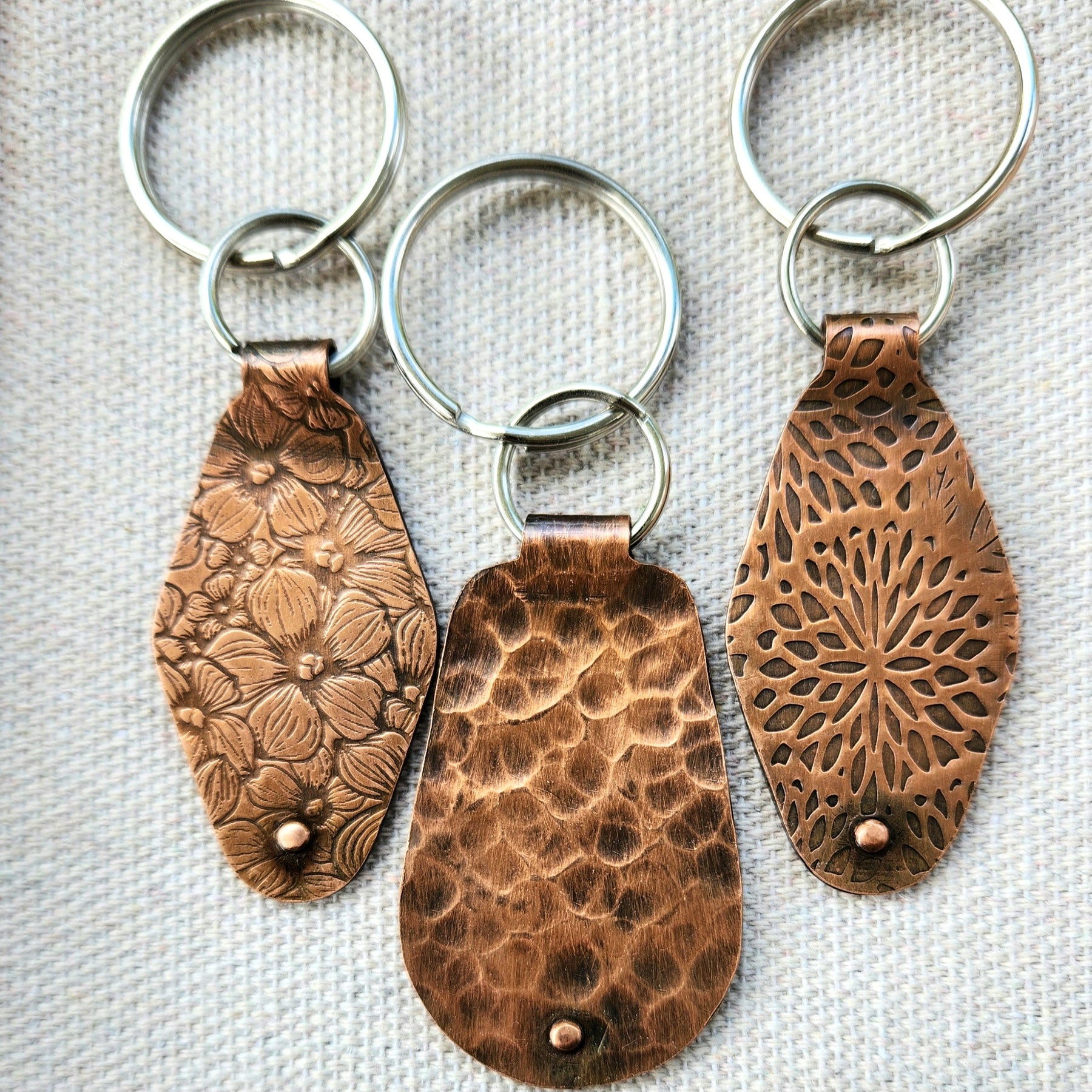 Keyring fobs for him and her - textured copper
