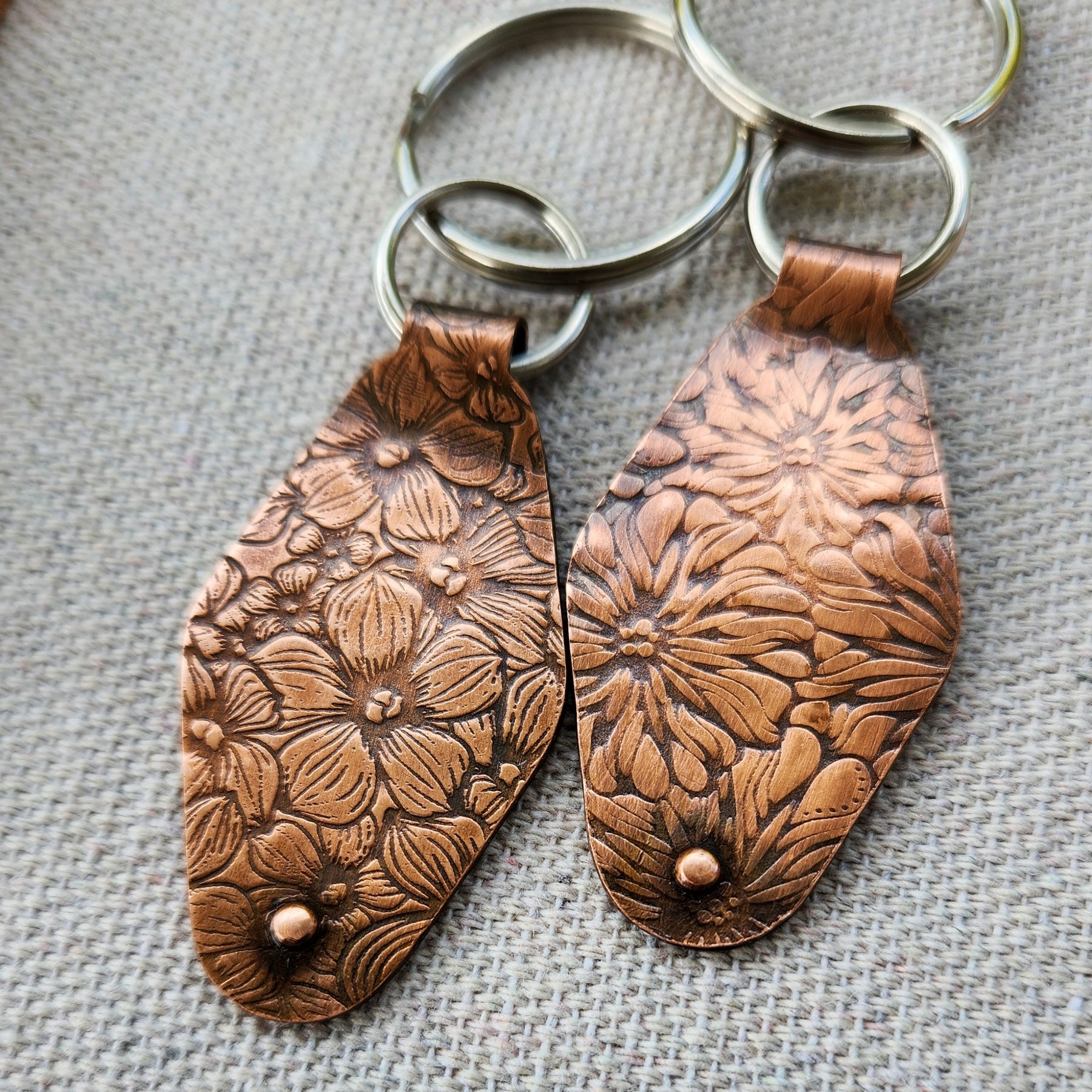 Keyring fobs for him and her - textured copper