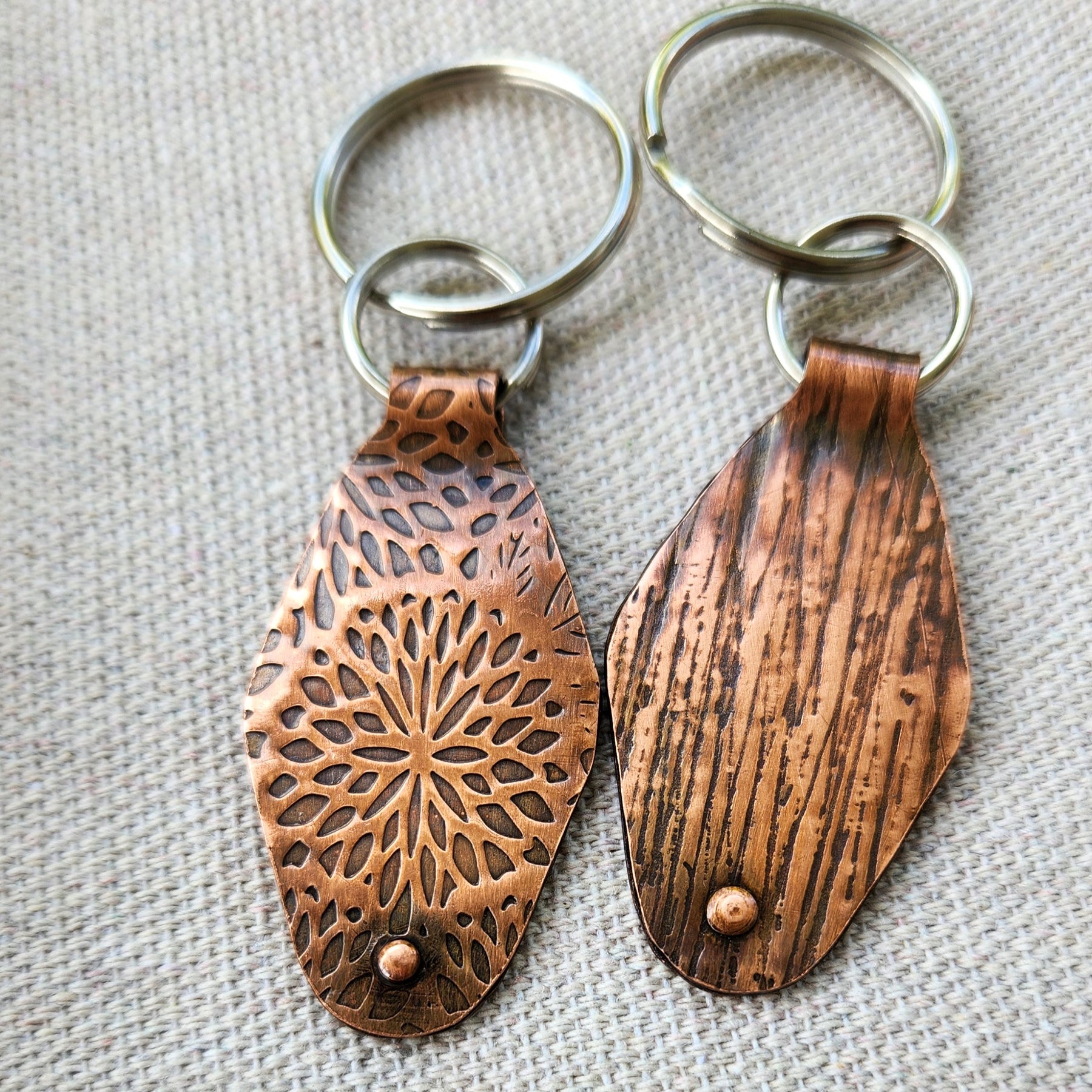 Keyring fobs for him and her - textured copper
