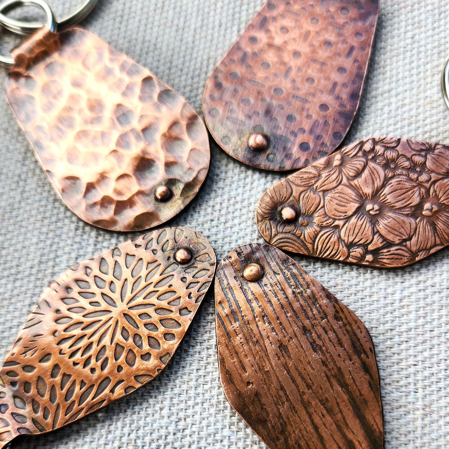 Keyring fobs for him and her - textured copper