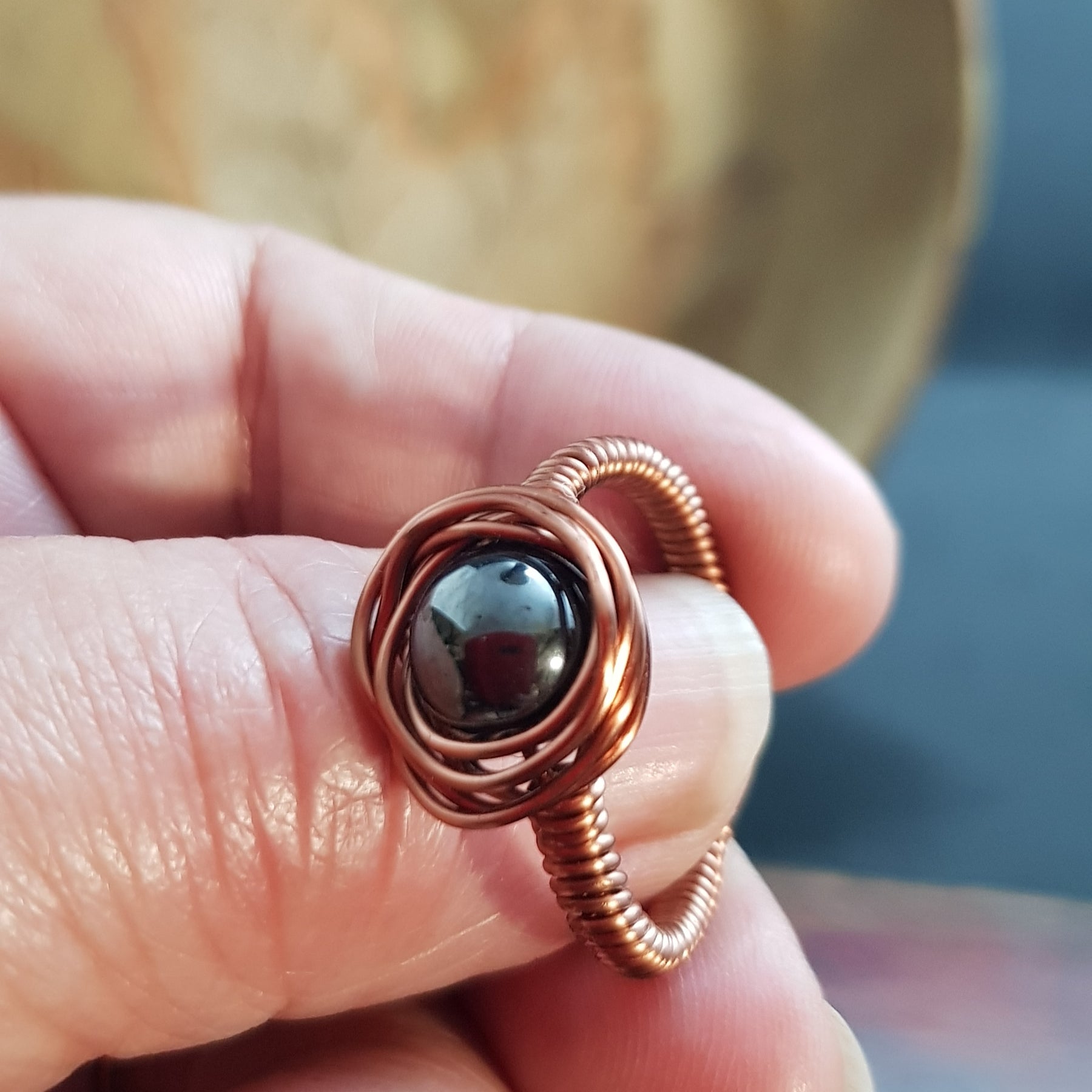 Crazy wrapped ring, in copper and hematite stone (303 AM/R)