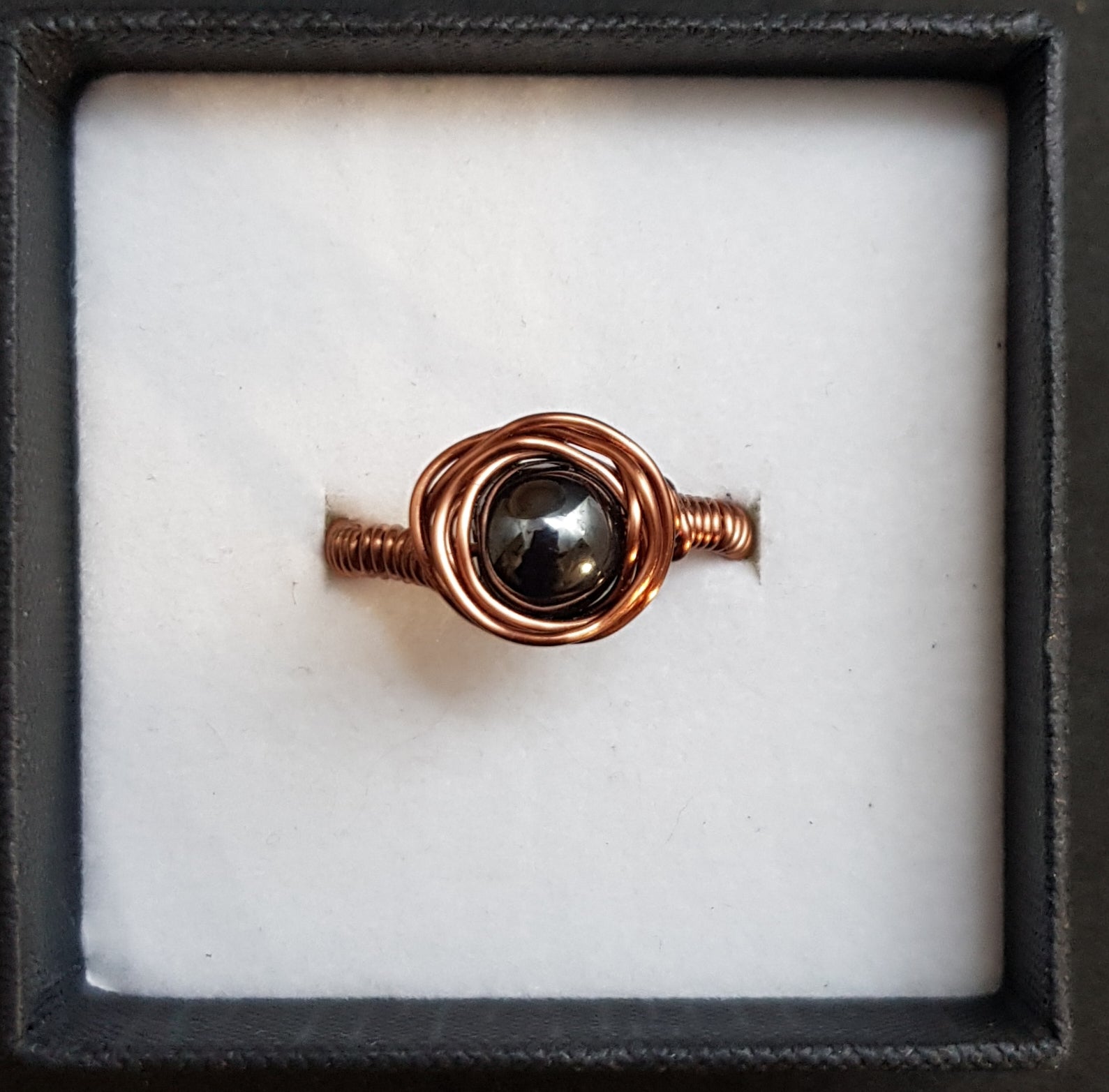 Crazy wrapped ring, in copper and hematite stone (303 AM/R)