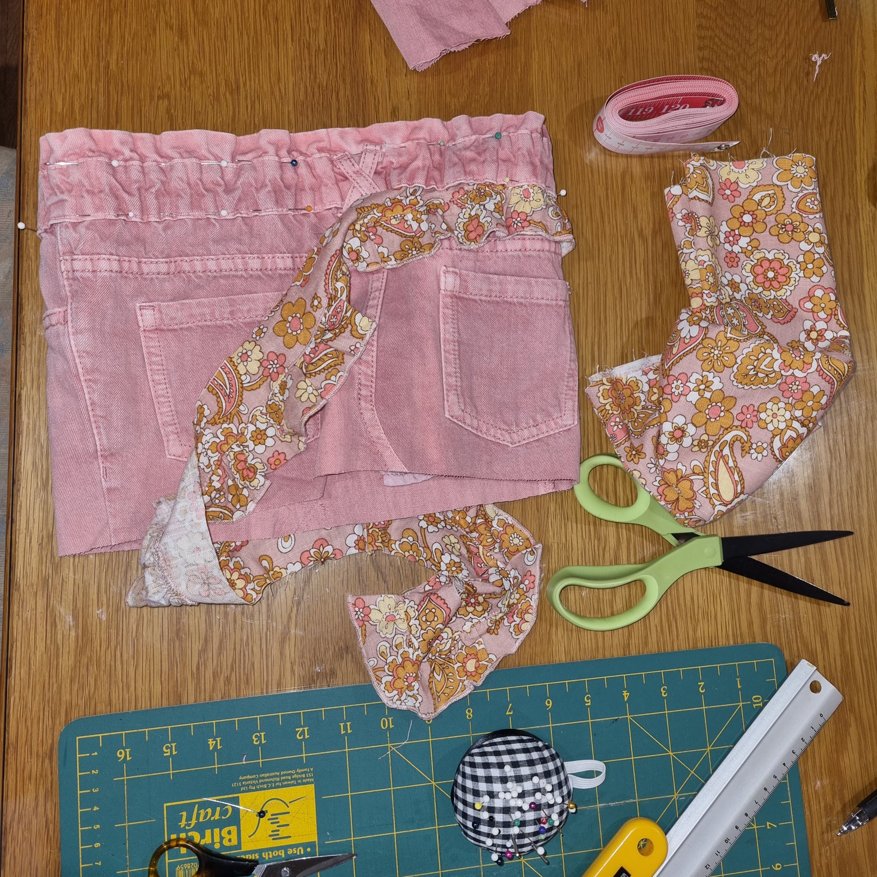 Pink Denim Handbag with Ghanda Lining and Frill