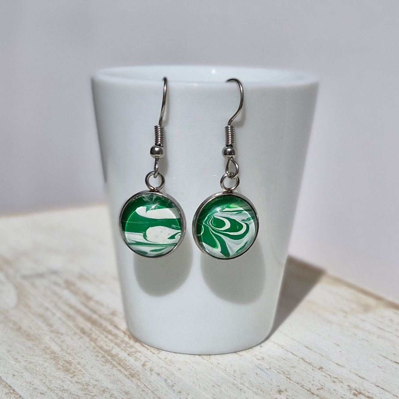 Green White Fluid Art Stainless Steel Earrings