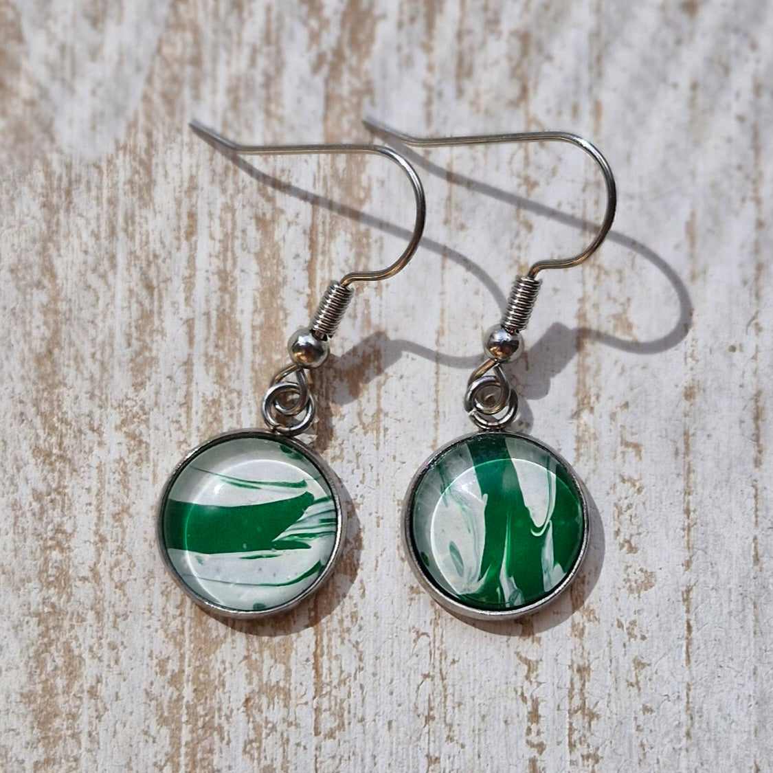White Green Fluid Art Stainless Steel Earrings