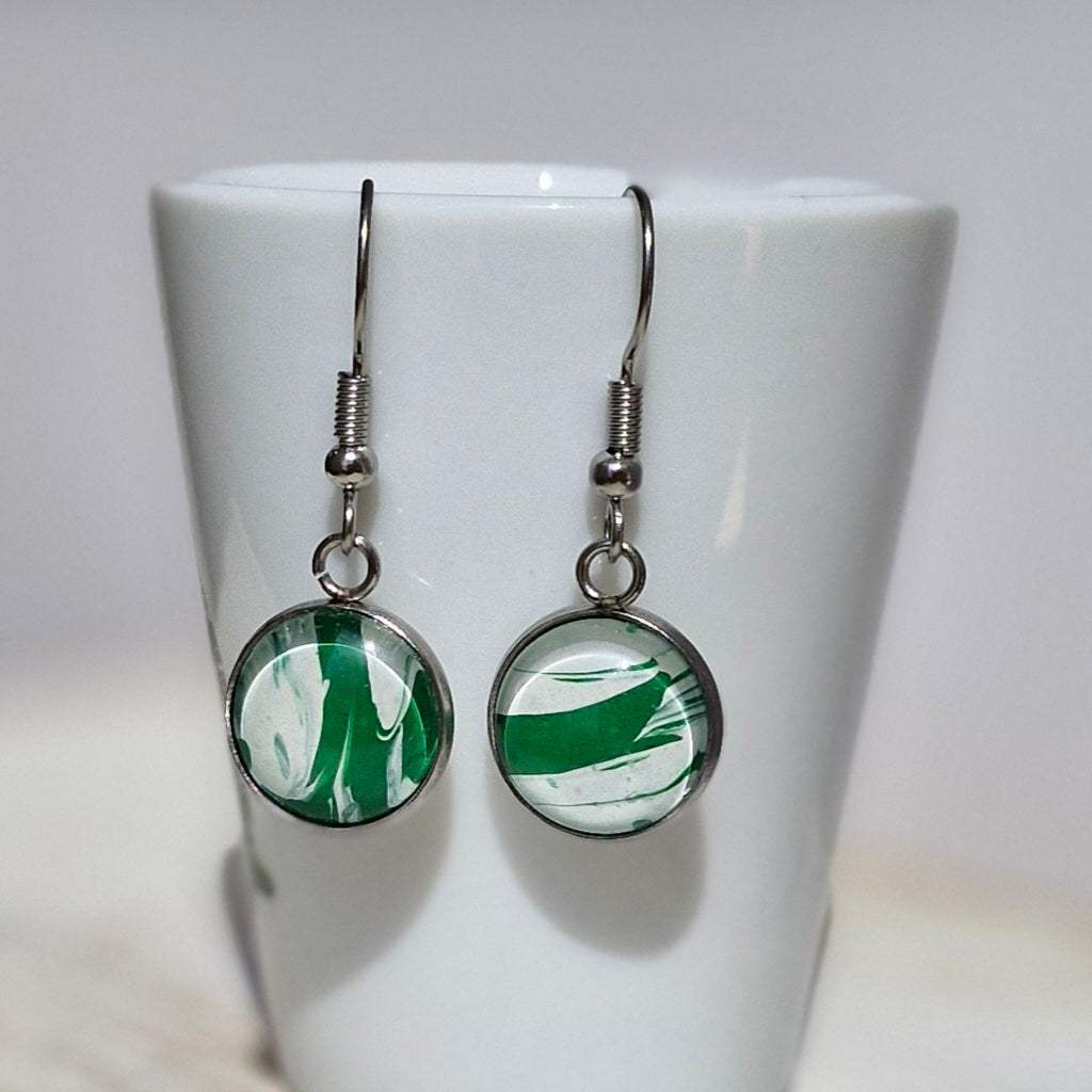 White Green Fluid Art Stainless Steel Earrings