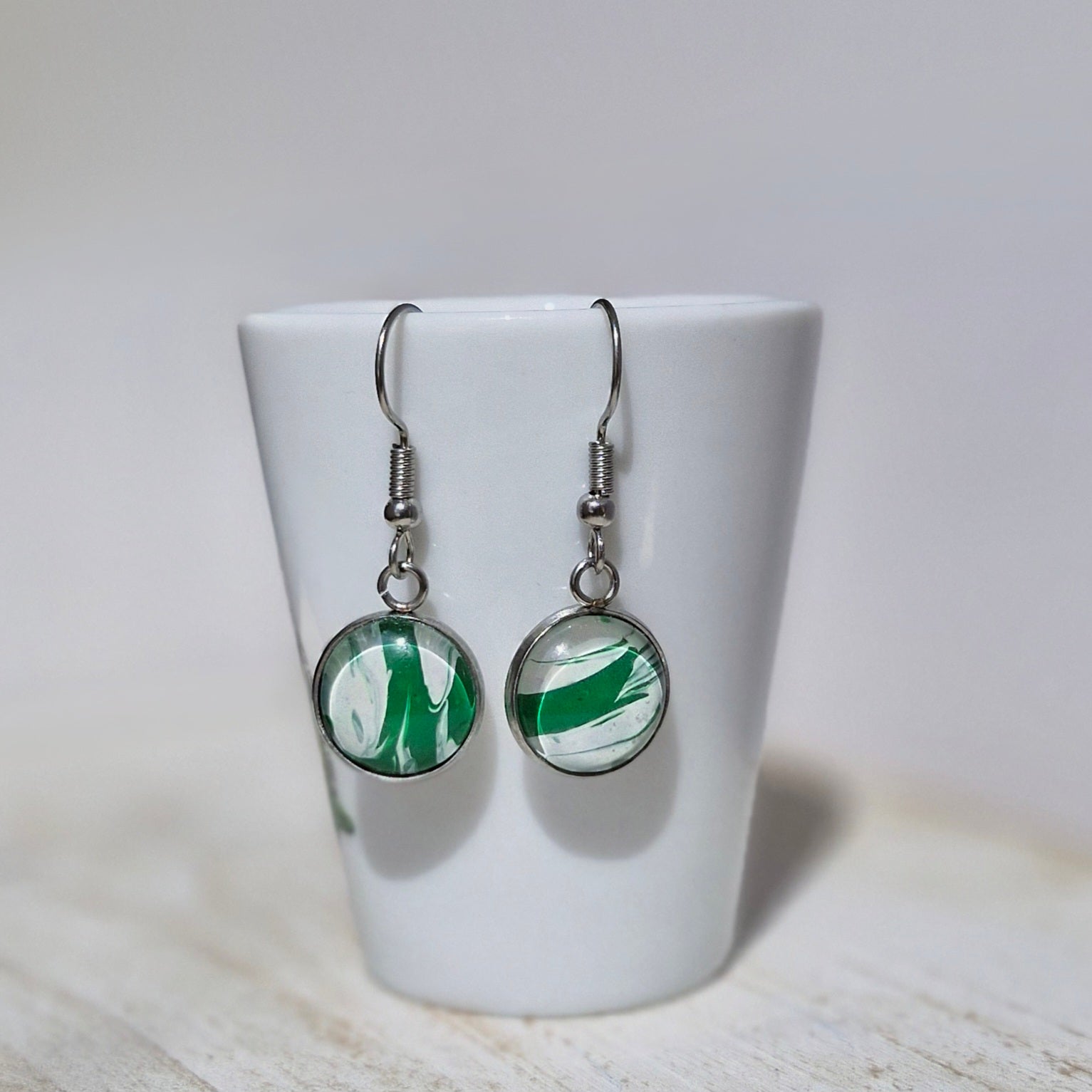 White Green Fluid Art Stainless Steel Earrings