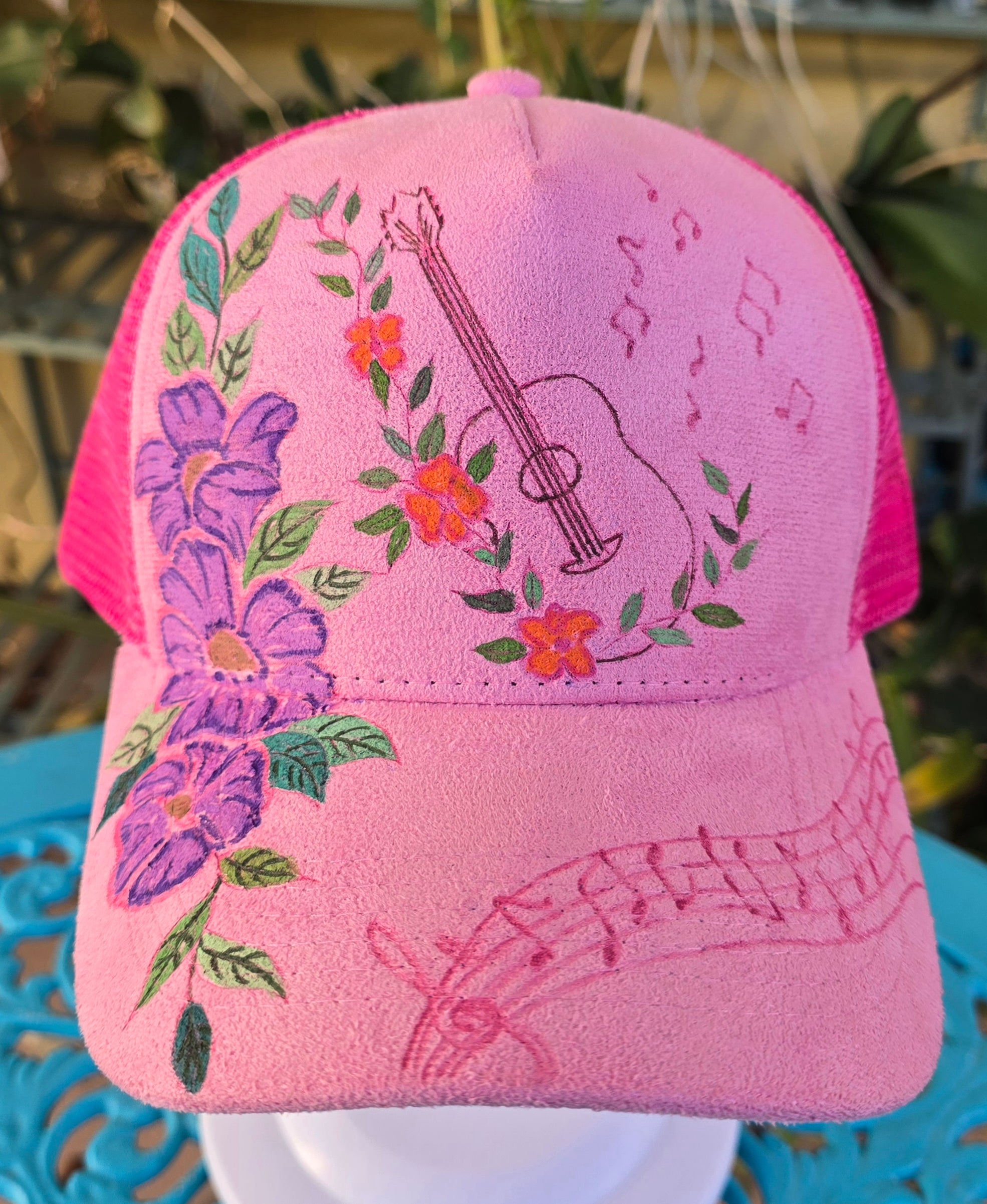 Hand burnt guitar & flowers baseball cap