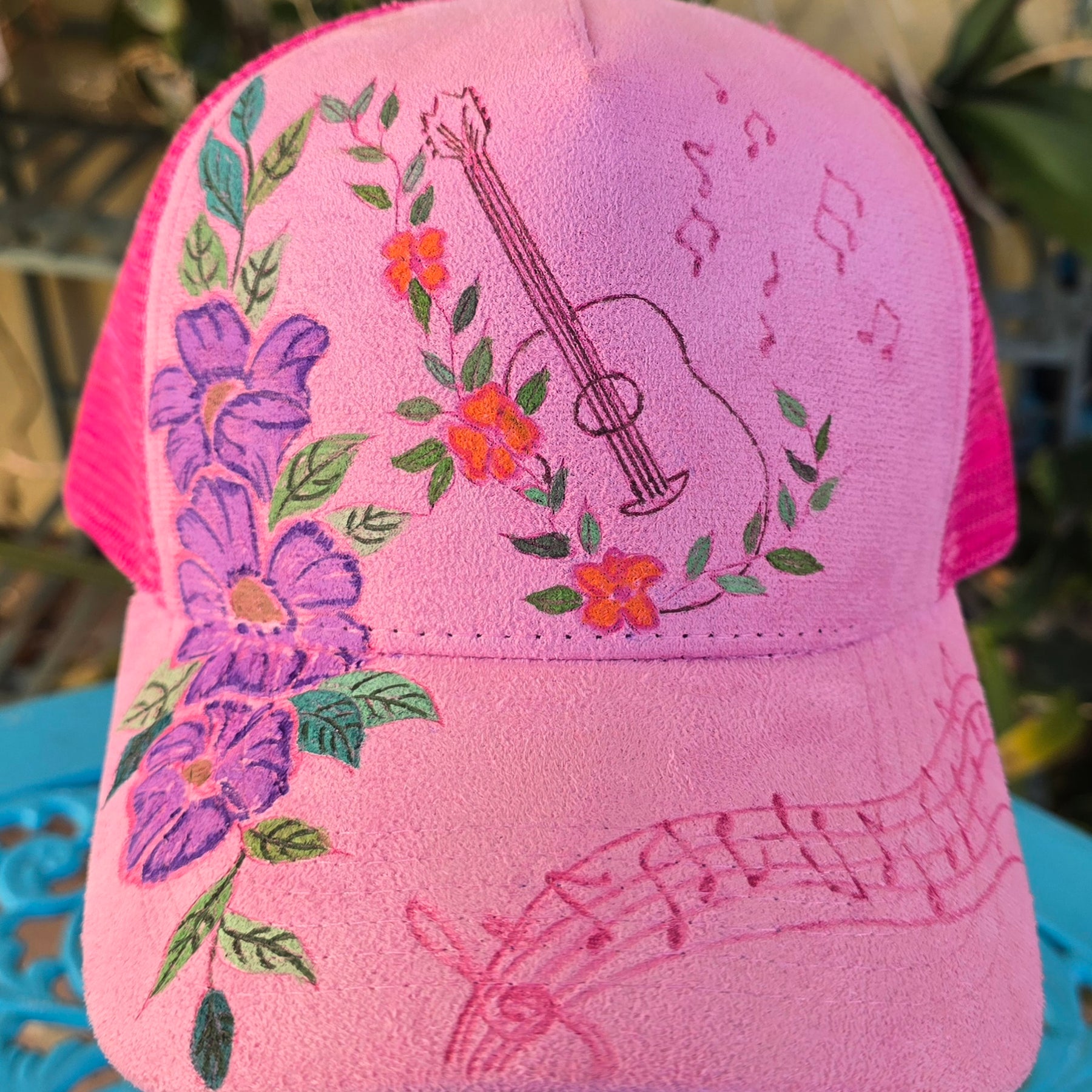 Hand burnt guitar & flowers baseball cap