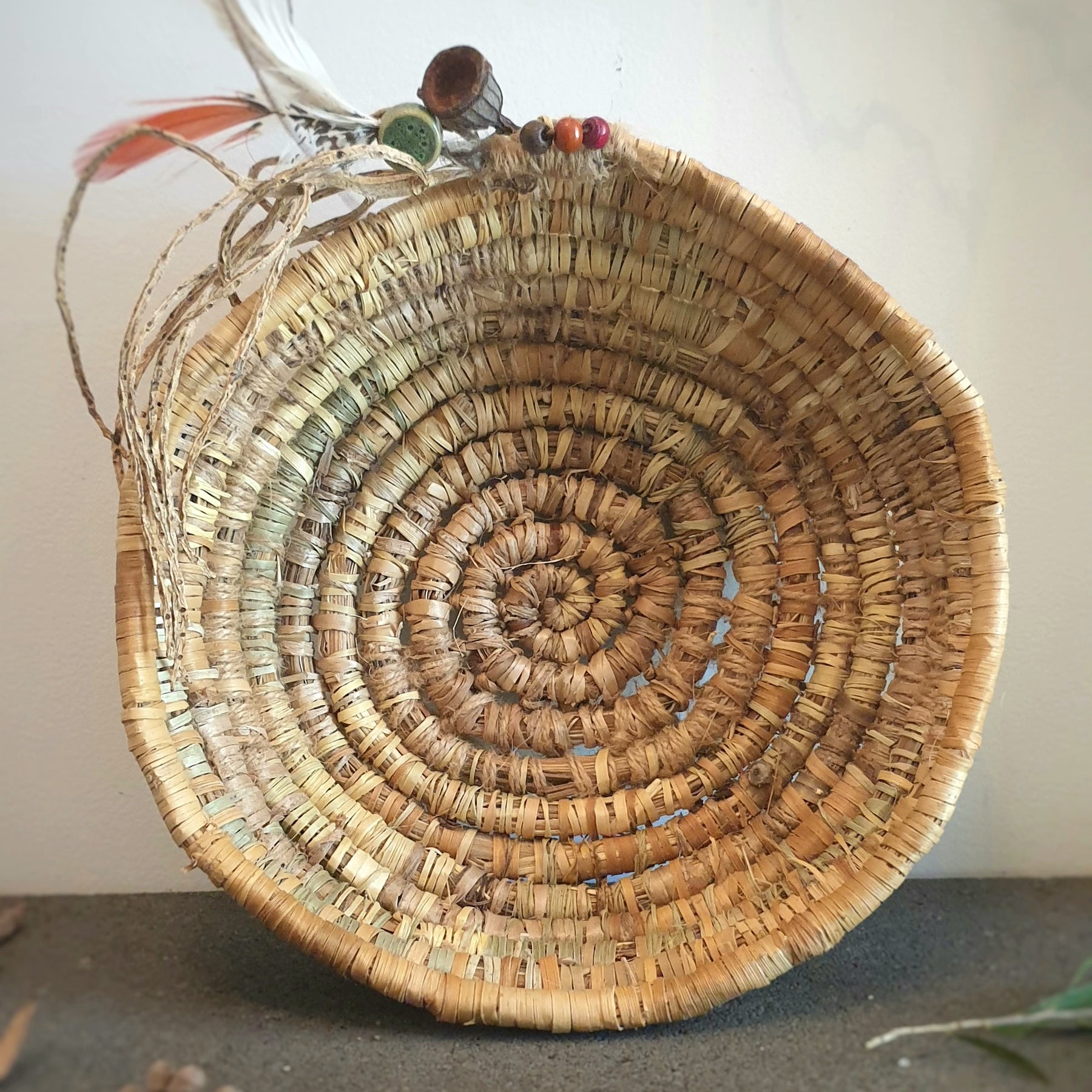 Handmade, natural banana fibre, coil basket.