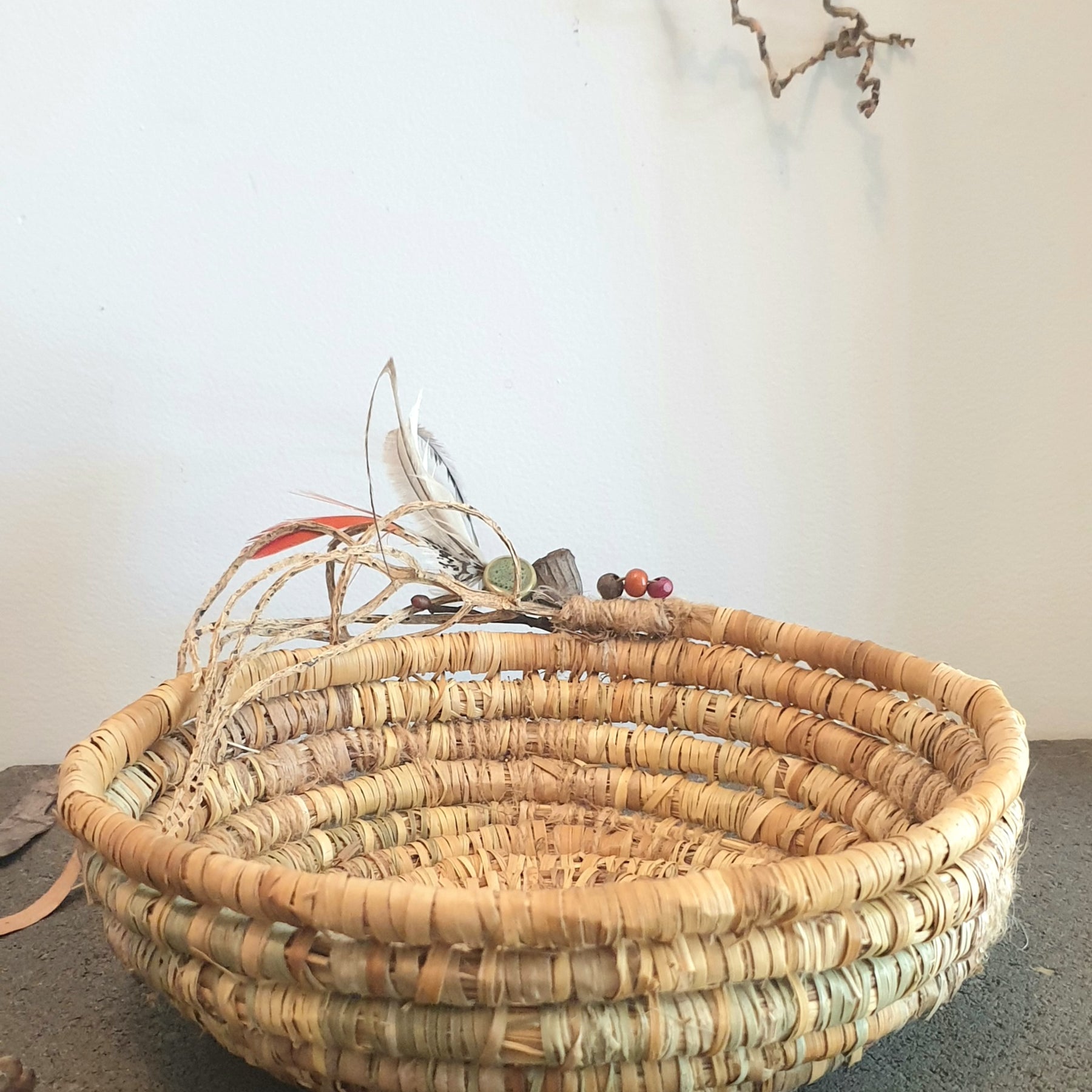 Handmade, natural banana fibre, coil basket.