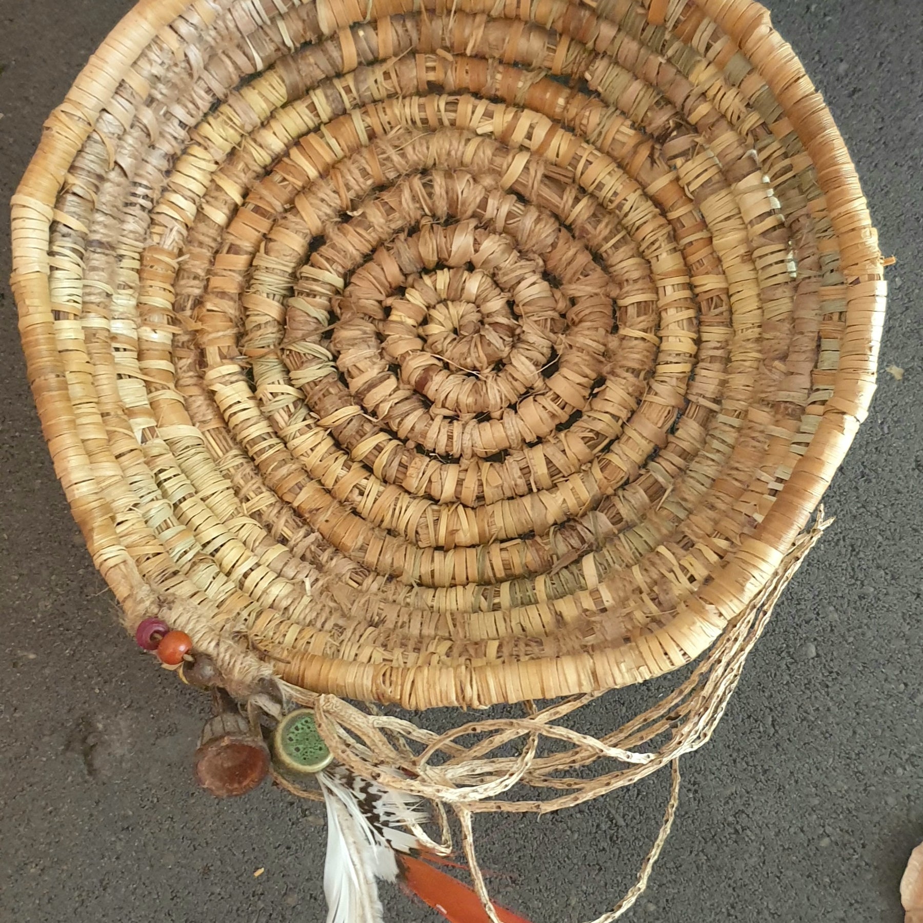 Handmade, natural banana fibre, coil basket.