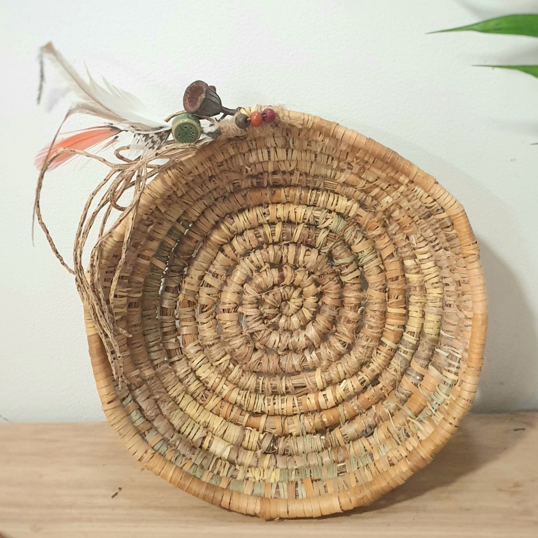 Handmade, natural banana fibre, coil basket.