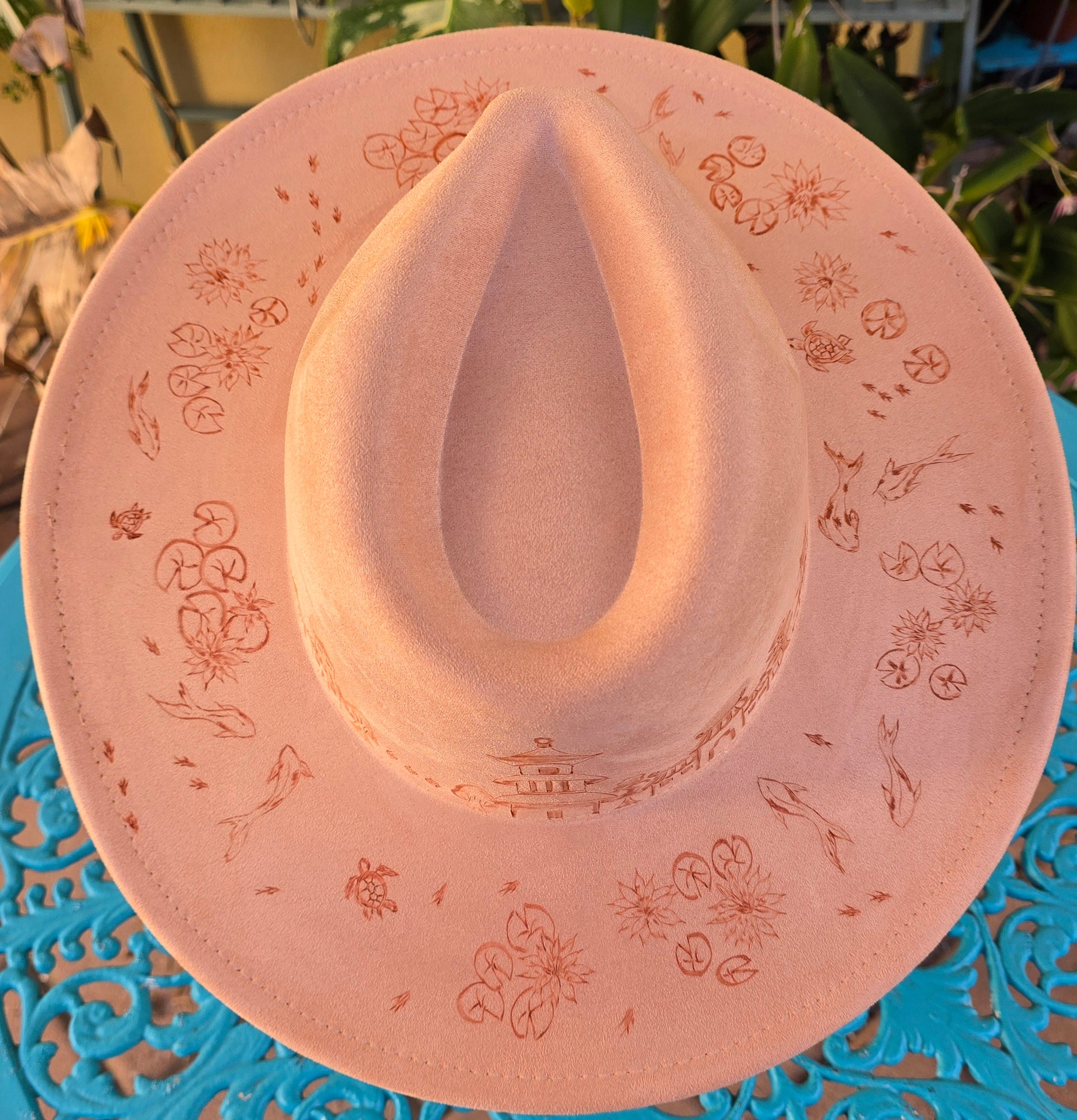 Hand burnt fedora hat - Ancient Chinese village