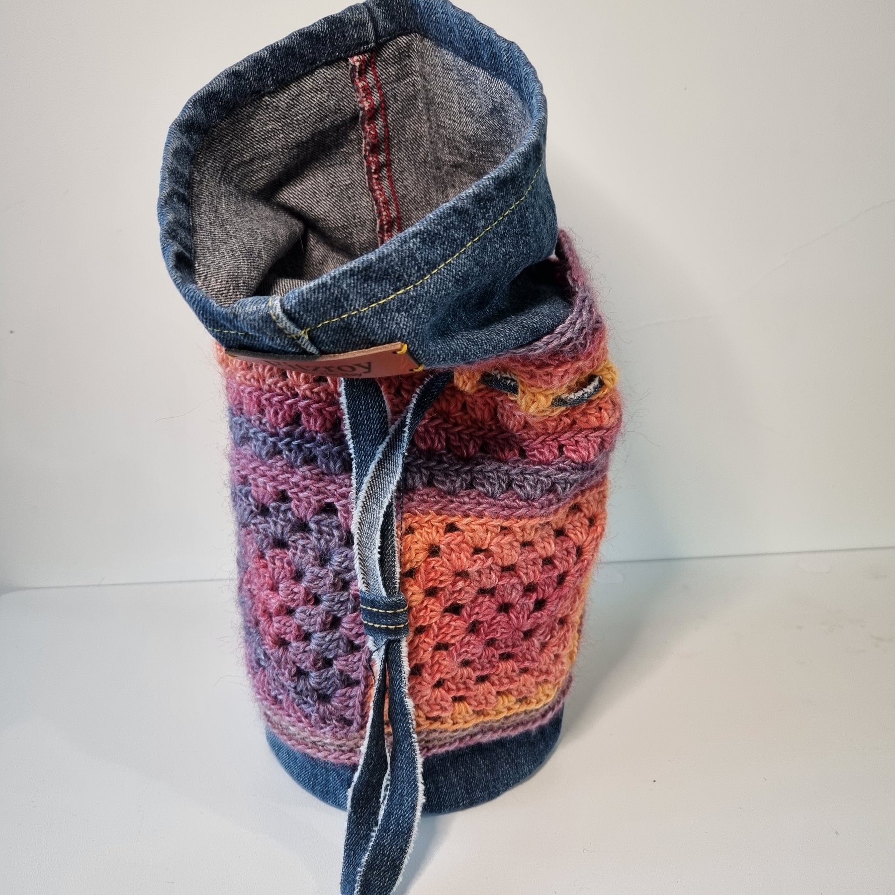 Granny Square Crochet Denim Dilly Bag in Purple and Orange (Handbag, Lunch bag)