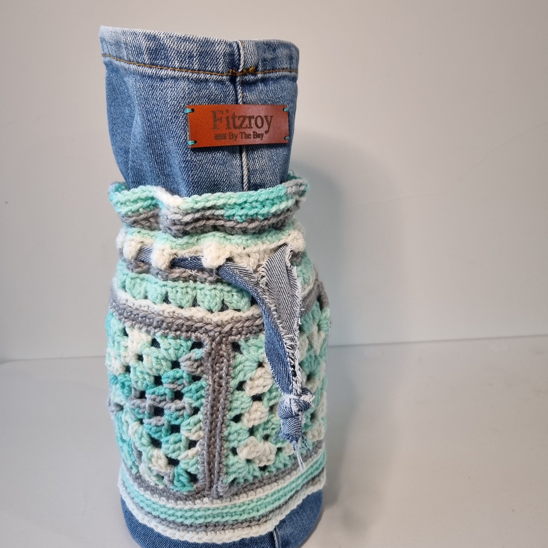 Granny Square Crochet Denim Dilly Bag in Teal, White and Grey(Handbag, Lunch bag)