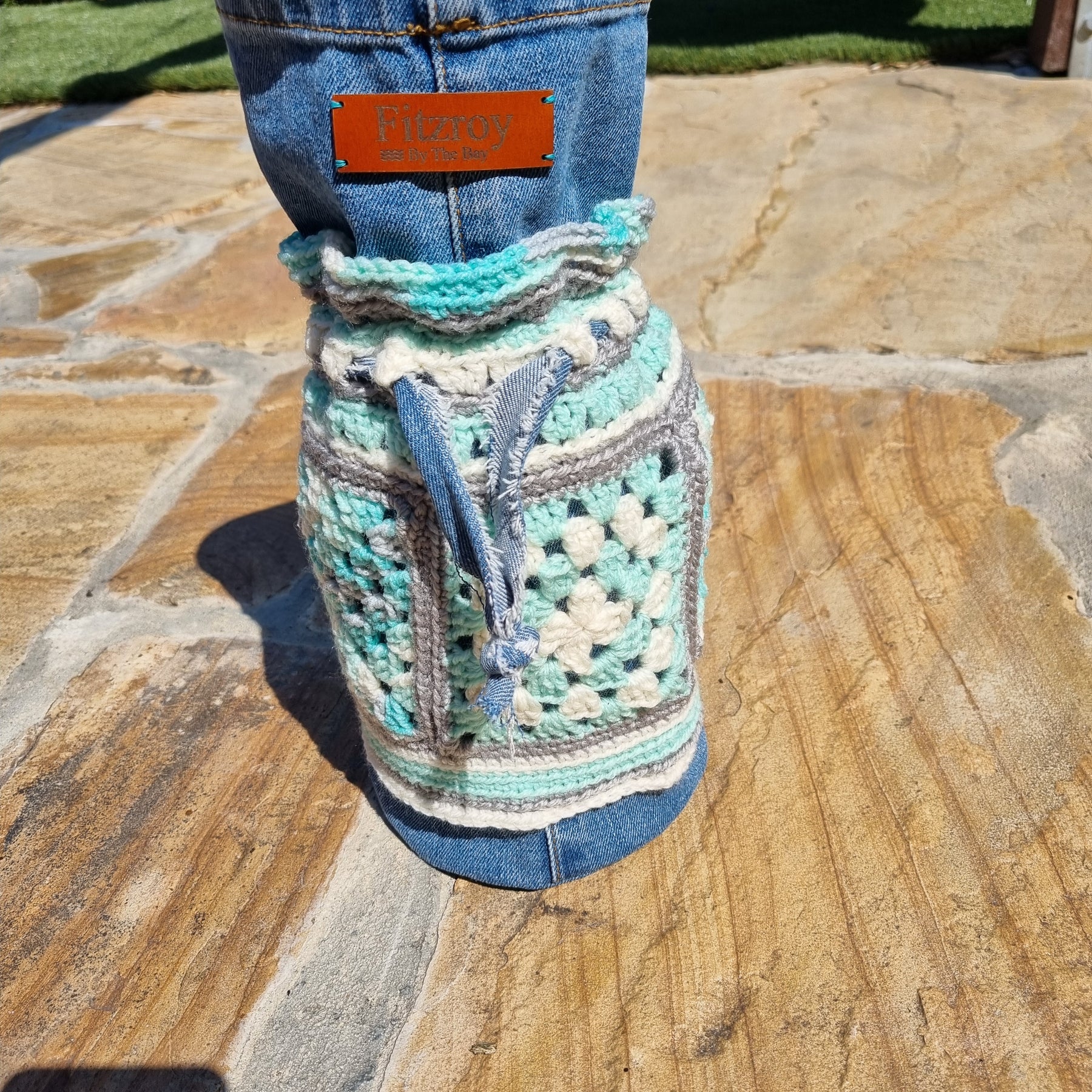 Granny Square Crochet Denim Dilly Bag in Teal, White and Grey(Handbag, Lunch bag)