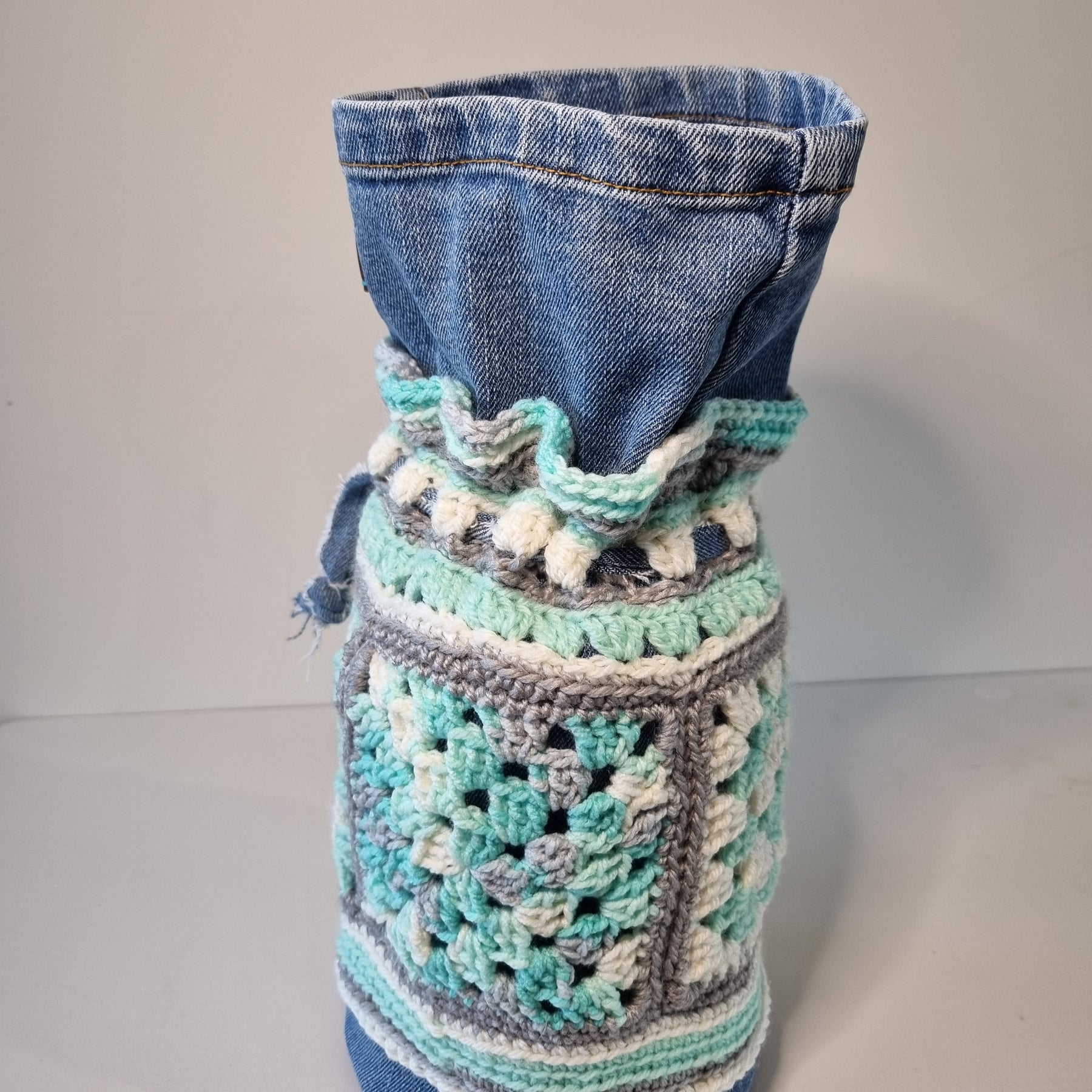 Granny Square Crochet Denim Dilly Bag in Teal, White and Grey(Handbag, Lunch bag)
