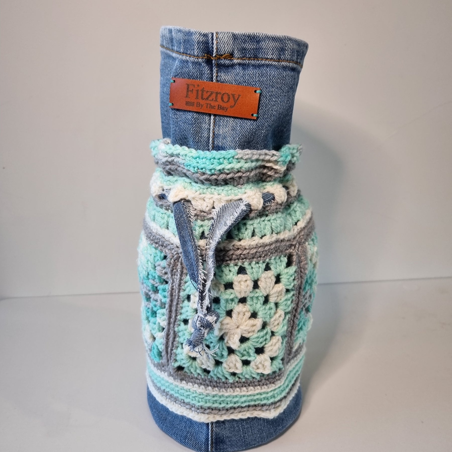 Granny Square Crochet Denim Dilly Bag in Teal, White and Grey(Handbag, Lunch bag)