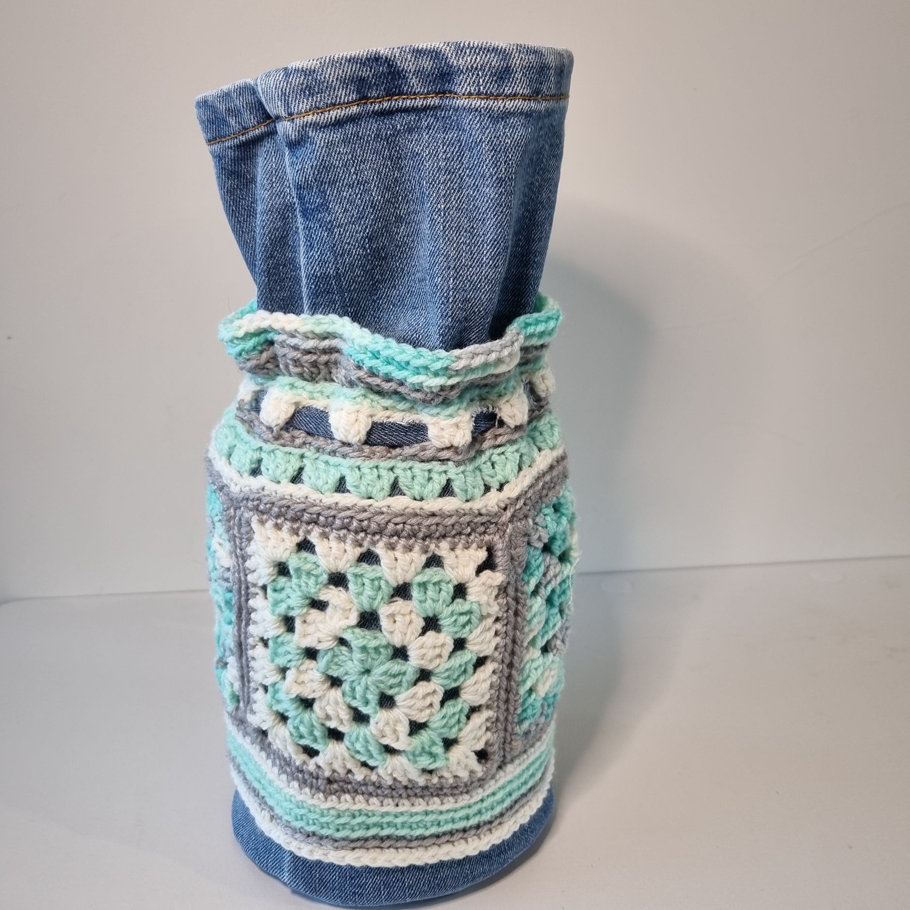 Granny Square Crochet Denim Dilly Bag in Teal, White and Grey(Handbag, Lunch bag)