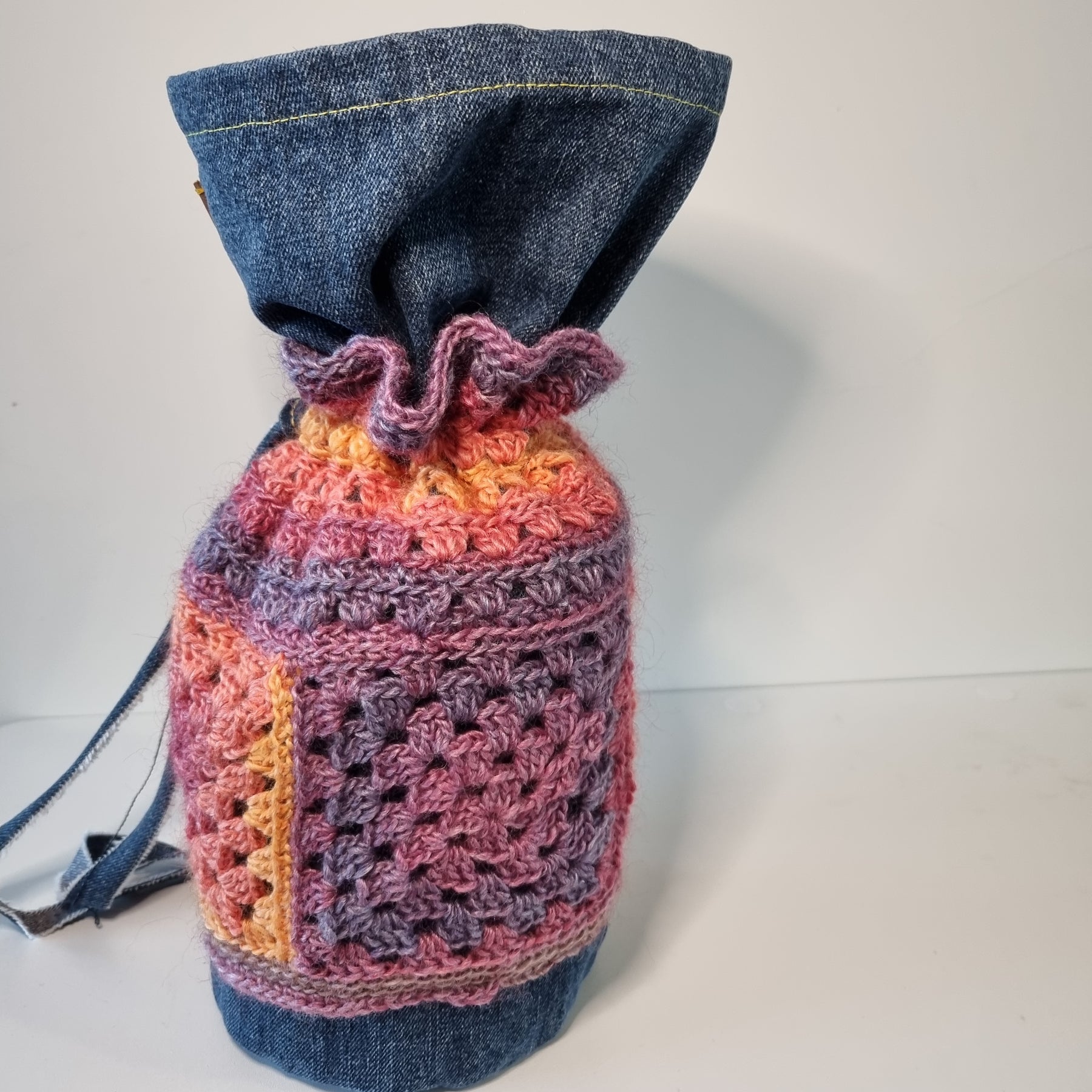 Granny Square Crochet Denim Dilly Bag in Purple and Orange (Handbag, Lunch bag)
