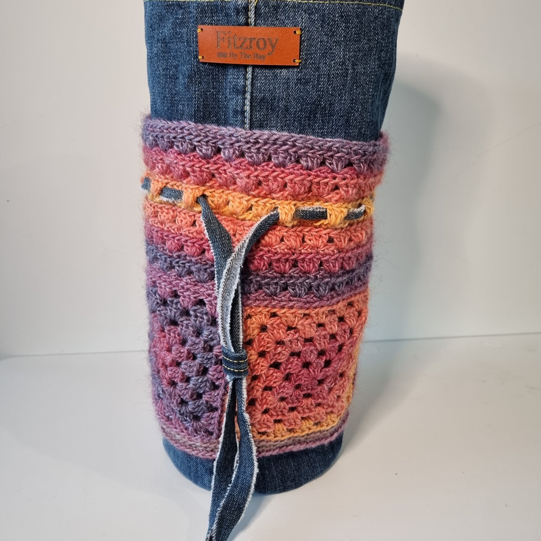 Granny Square Crochet Denim Dilly Bag in Purple and Orange (Handbag, Lunch bag)