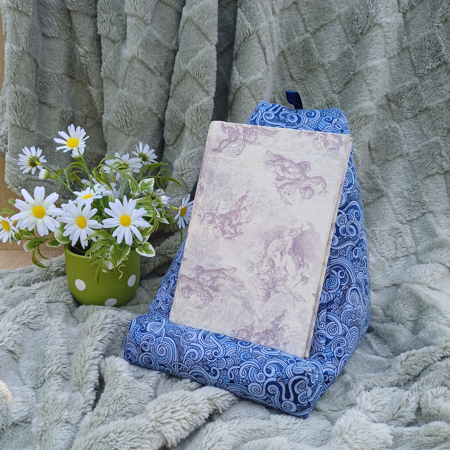 Blue Swirl Design Pillow with Pocket to suit Book and Tablet