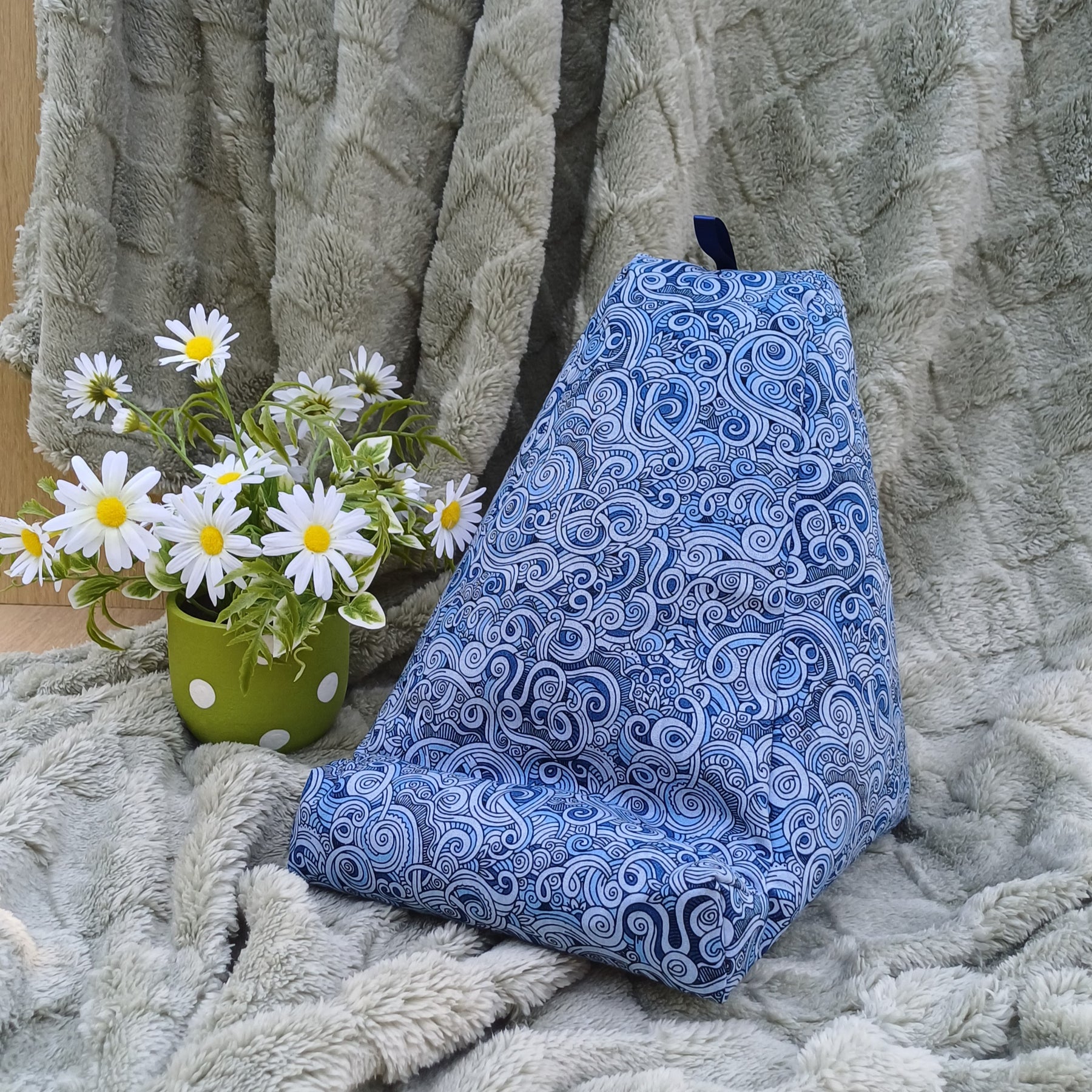 Blue Swirl Design Pillow with Pocket to suit Book and Tablet