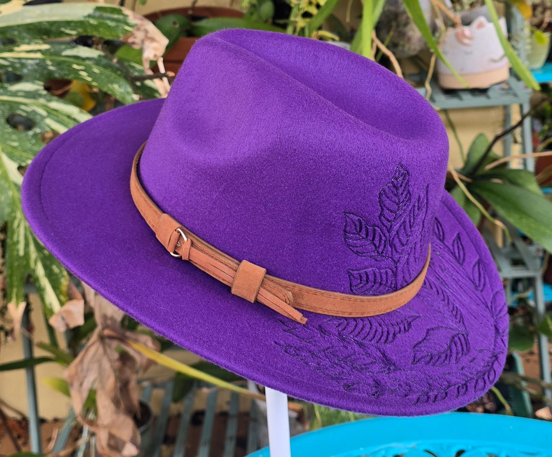 Hand burnt fedora hat - Botanical garden