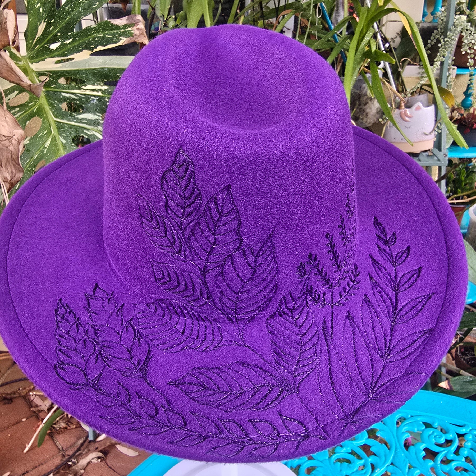 Hand burnt fedora hat - Botanical garden