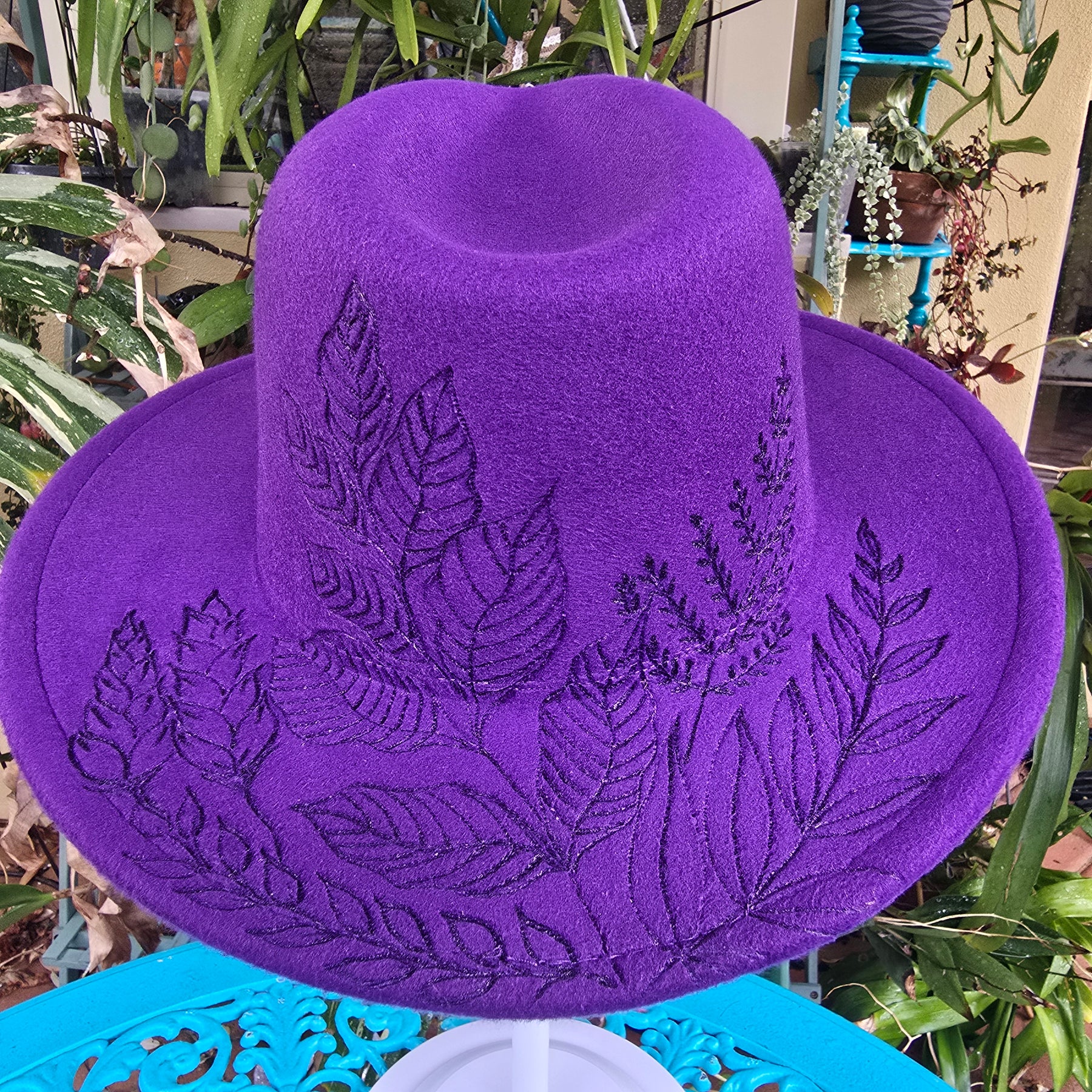 Hand burnt fedora hat - Botanical garden
