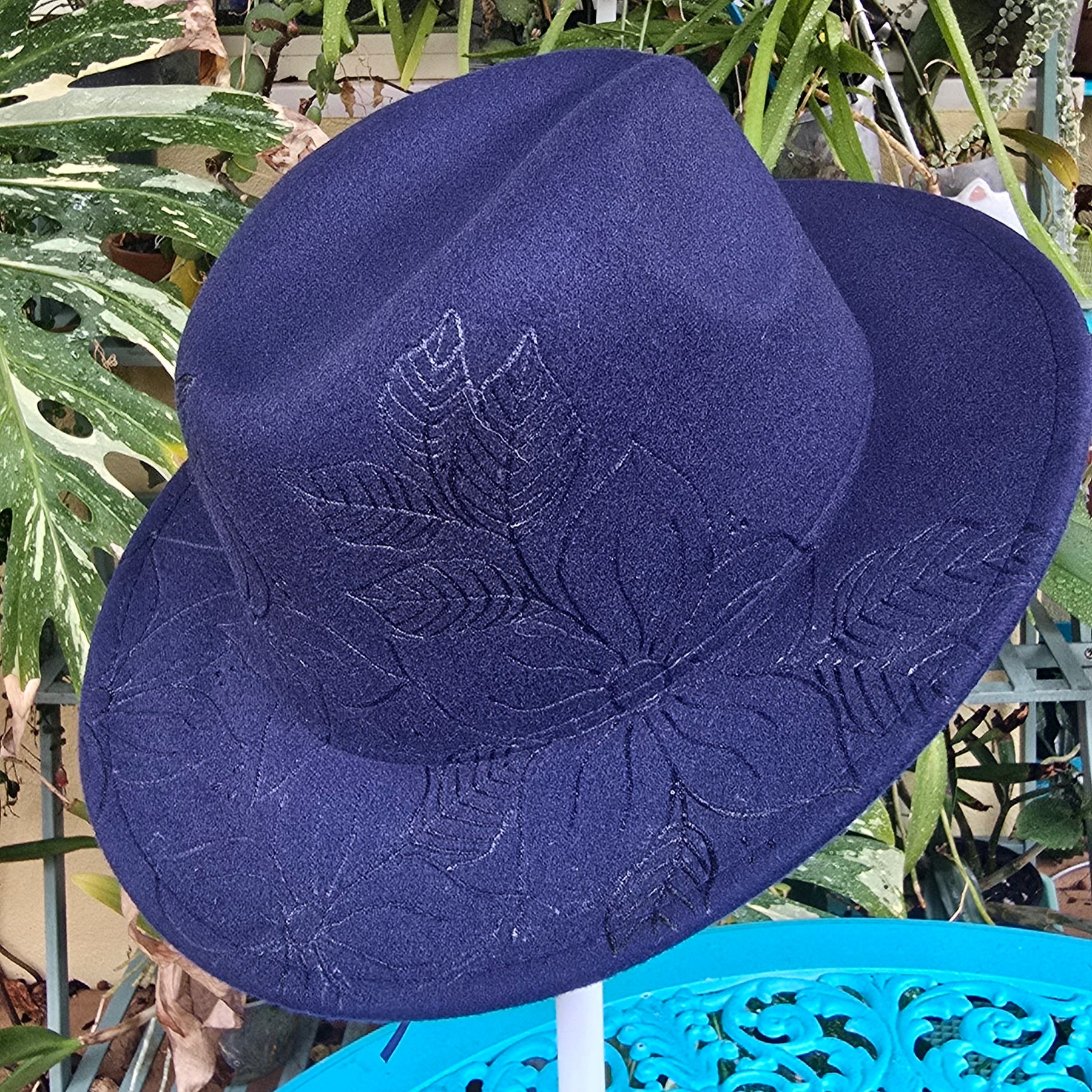 Hand burnt short brim fedora hat - floral pattern
