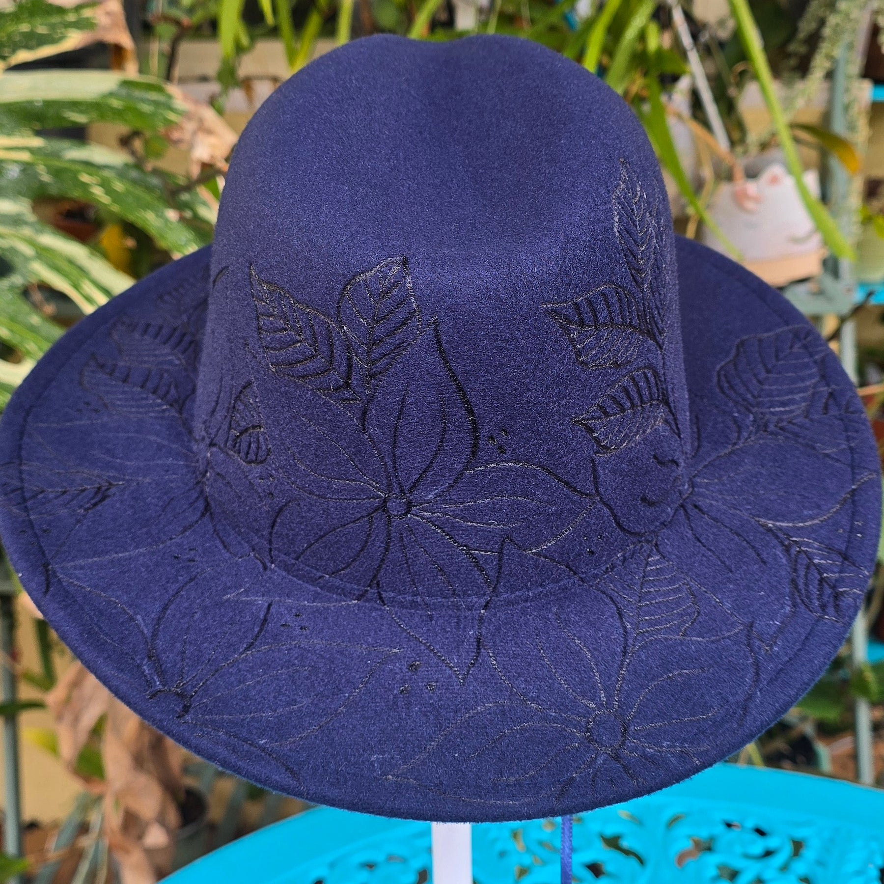 Hand burnt short brim fedora hat - floral pattern