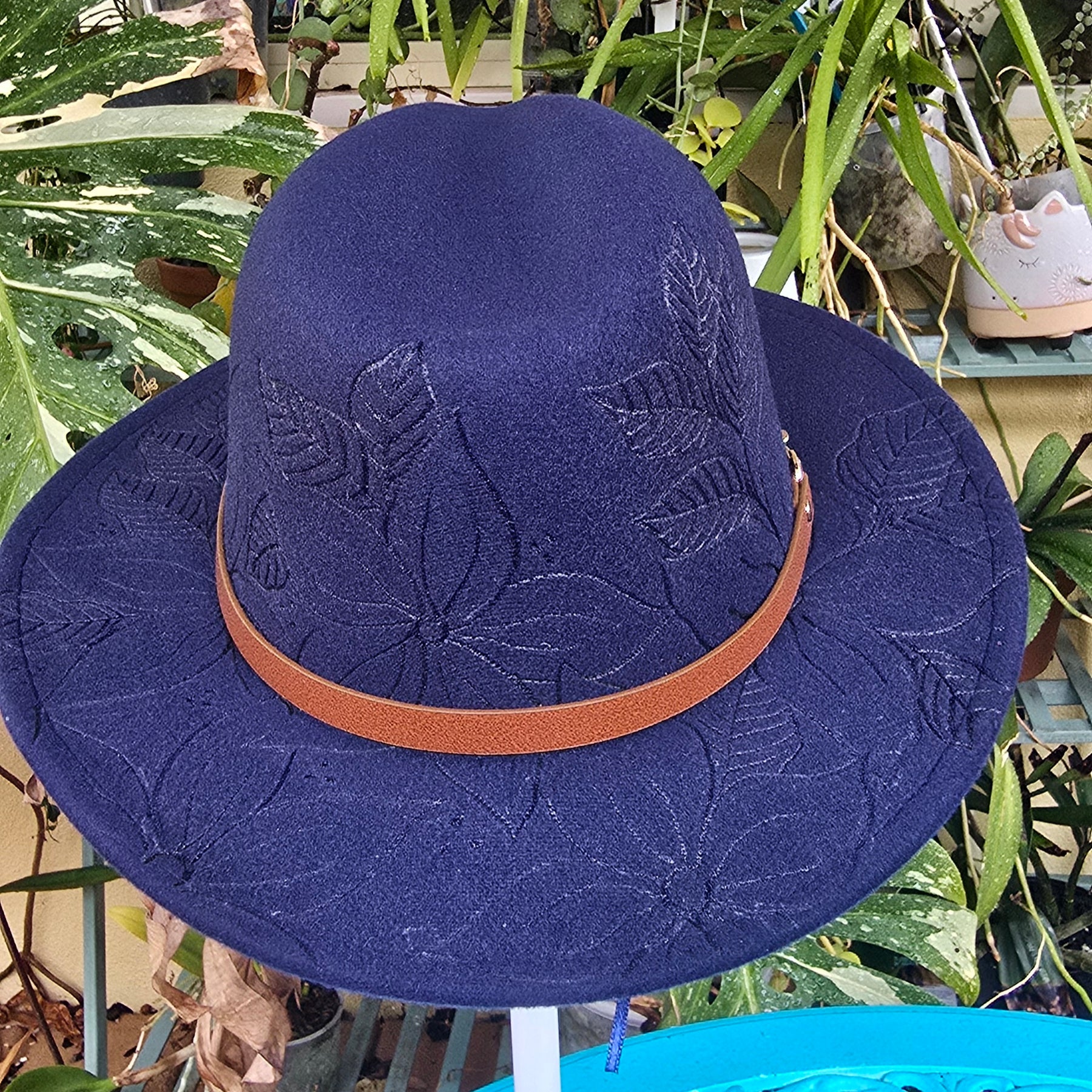 Hand burnt short brim fedora hat - floral pattern