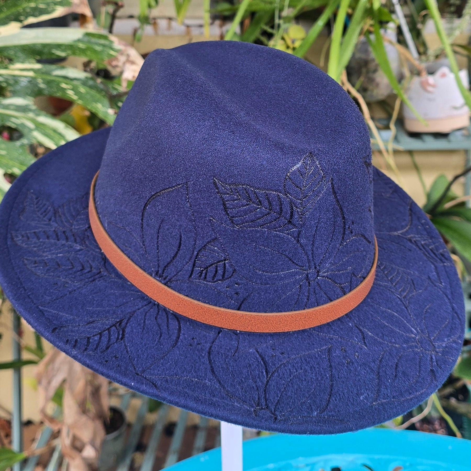 Hand burnt short brim fedora hat - floral pattern